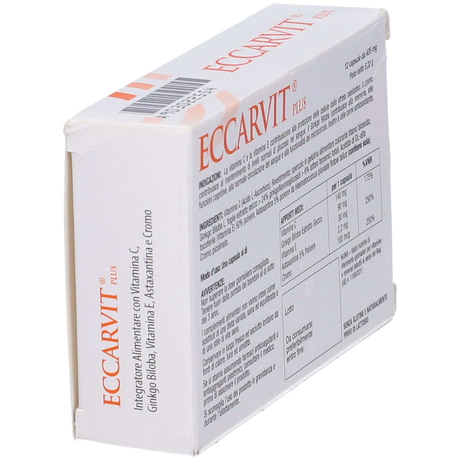 Scatola bianca con scritta ECCARVIT PLUS. Contiene 12 capsule. Con vitamina C, Ginkgo Biloba, vitamina E, Astaxantina e Cromo. Retro con ingredienti.