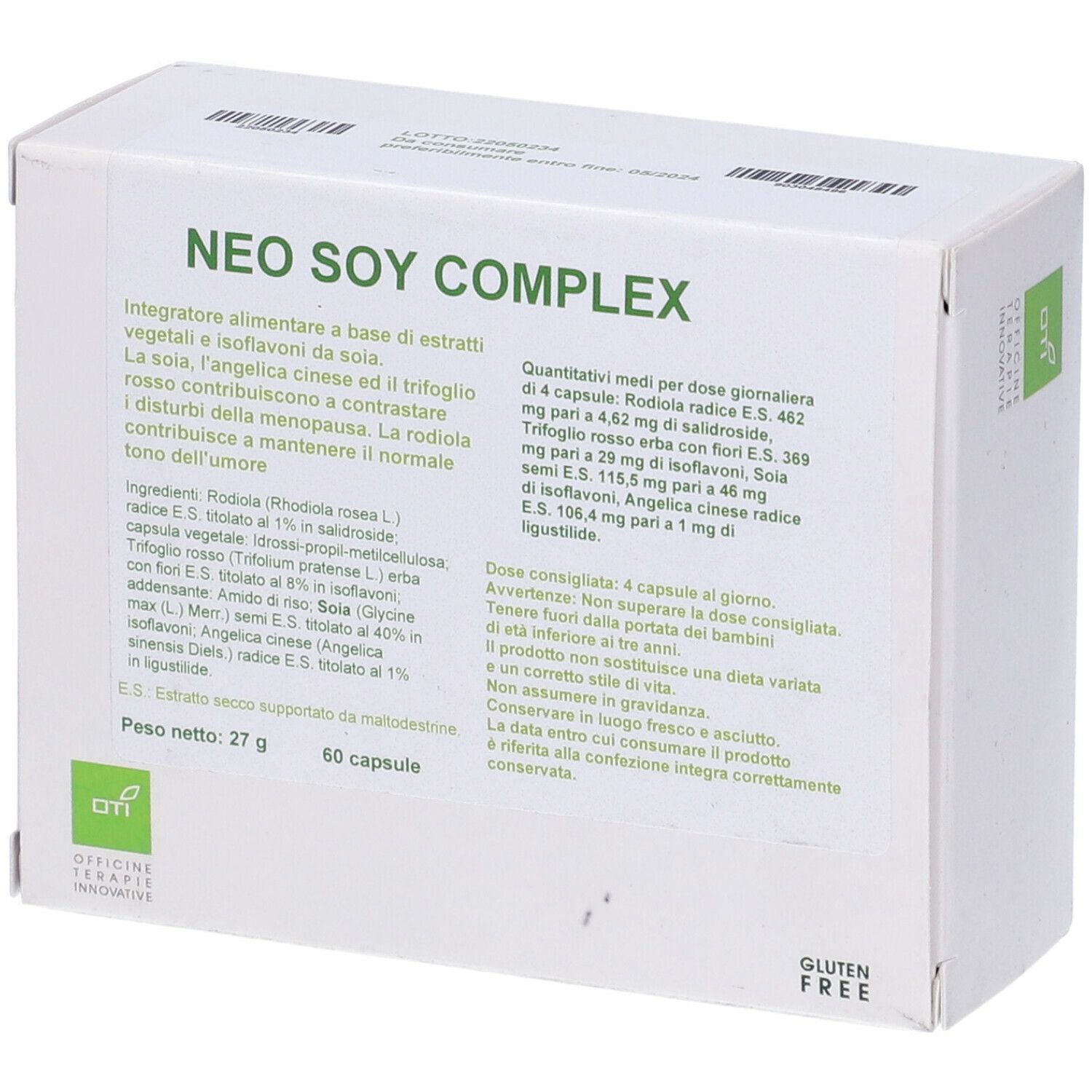 Scatola bianca NEO SOY COMPLEX. Contiene 60 capsule. Logo senza glutine.
