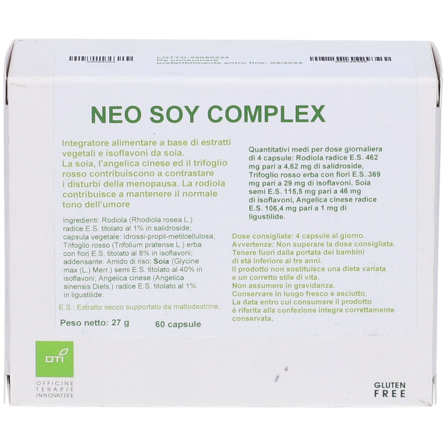 Scatola bianca con testo NEO SOY COMPLEX. Contiene 60 capsule. Logo senza glutine.