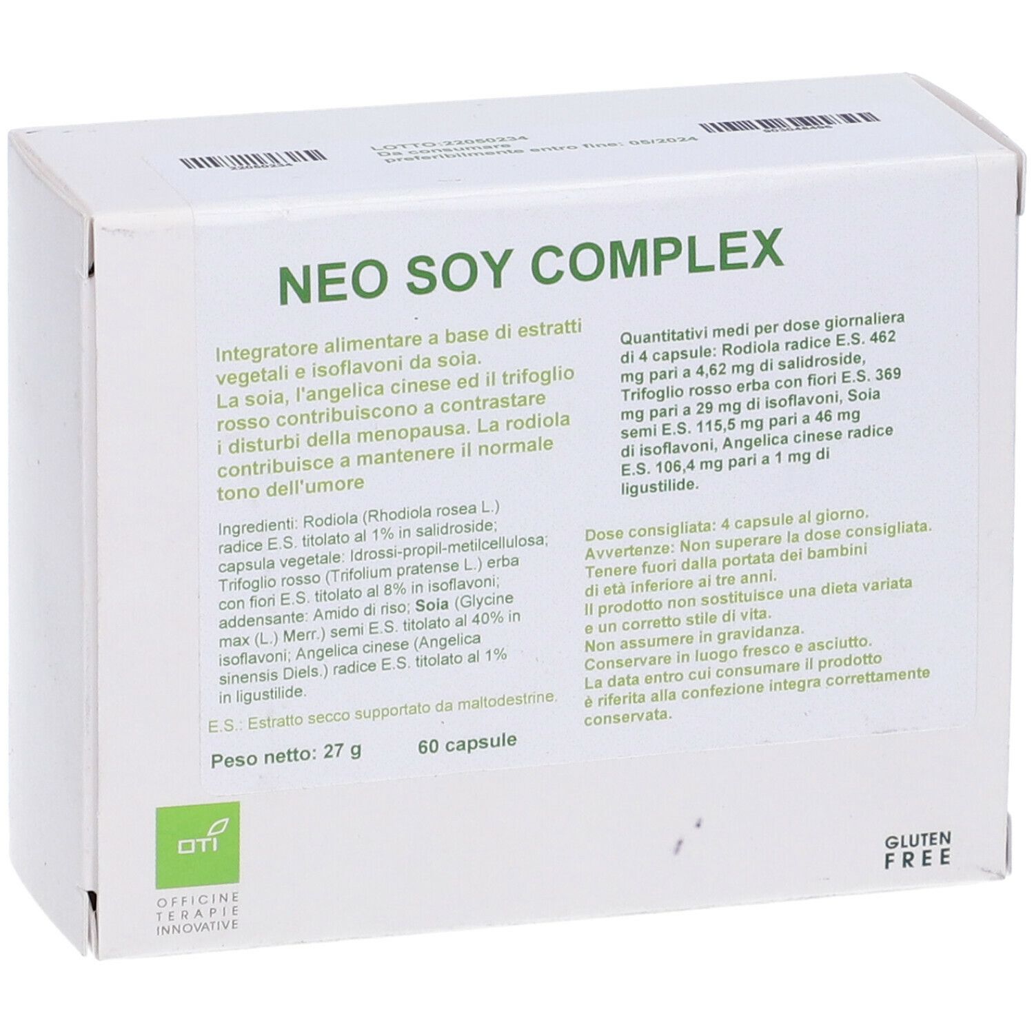 Scatola bianca con testo NEO SOY COMPLEX. Contiene 60 capsule. Logo senza glutine.