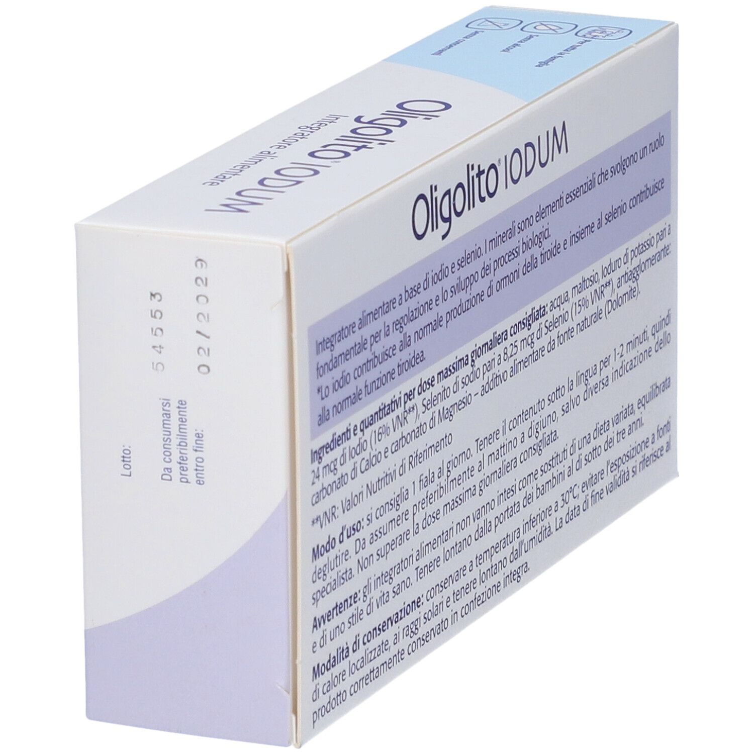 Retro della confezione Oligolito Iodum. Informazioni testuali in italiano. Contiene ingredienti e istruzioni per l'uso.