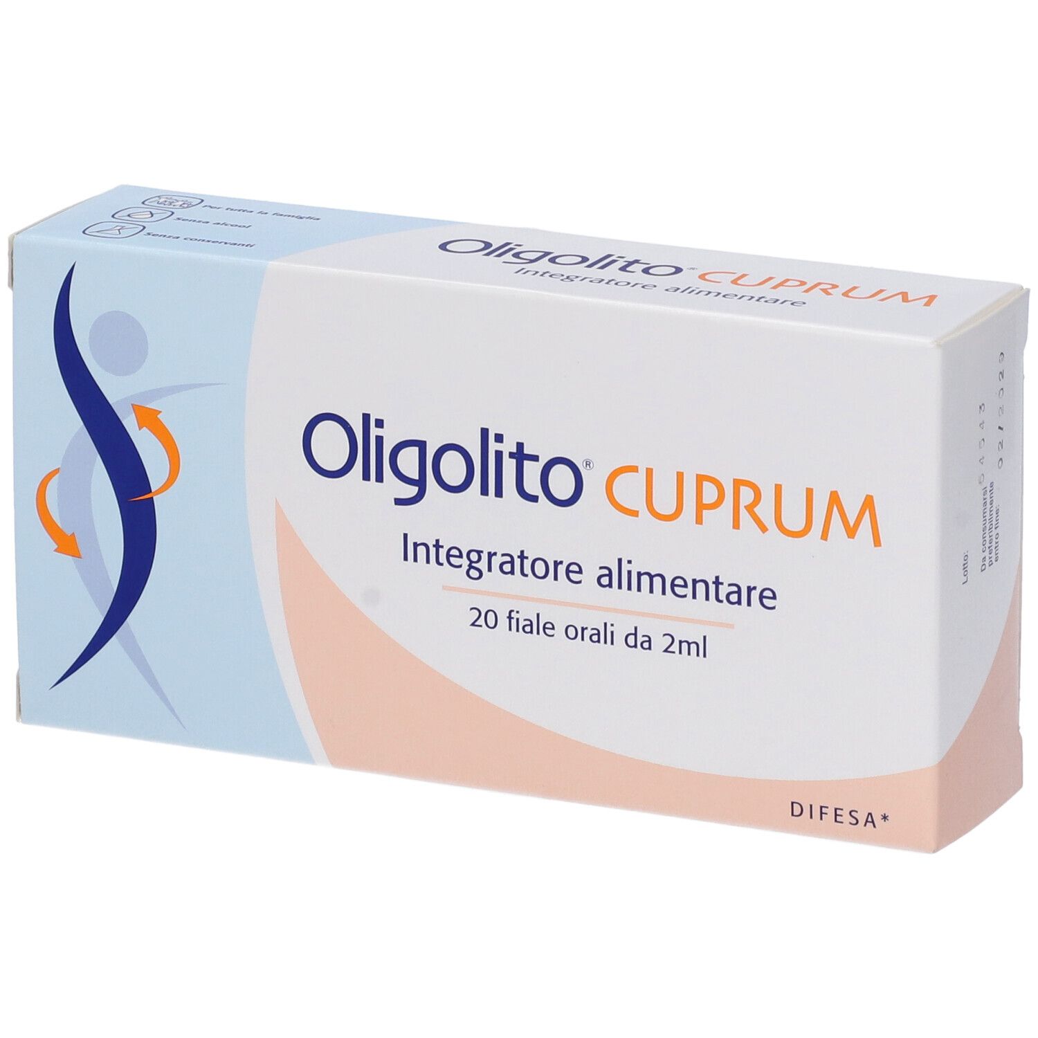 Confezione Oligolito Cuprum. Contiene 20 fiale orali da 2 ml. Scritta: Integratore alimentare. Marchio Difesa.
