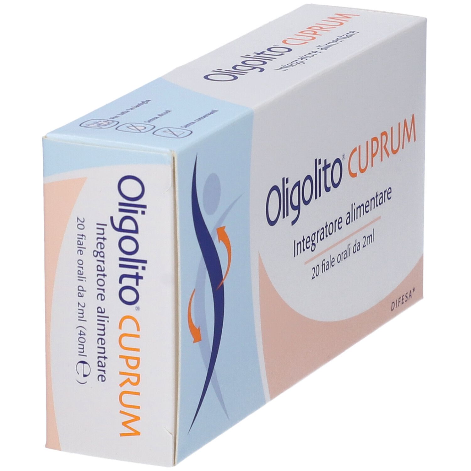 Confezione Oligolito Cuprum. Contiene 20 fiale orali da 2 ml. Scritta: Integratore alimentare. Marchio Difesa.