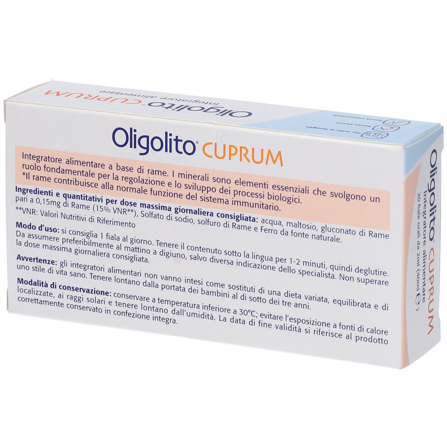Retro della confezione Oligolito Cuprum. Testo: Integratore alimentare, ingredienti, modalità d'uso, avvertenze.