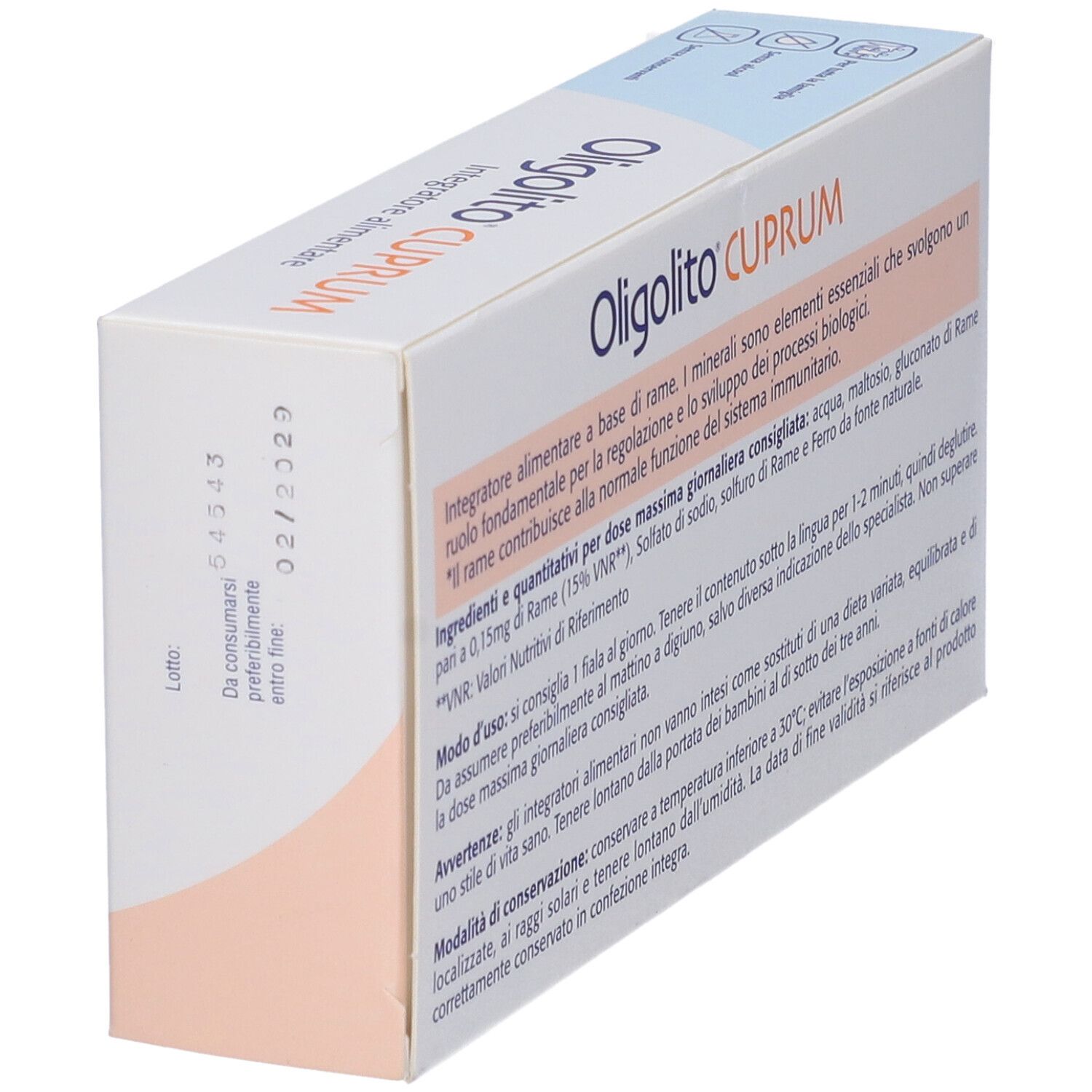 Retro della confezione Oligolito Cuprum. Testo: Integratore alimentare, ingredienti, modalità d'uso, avvertenze.