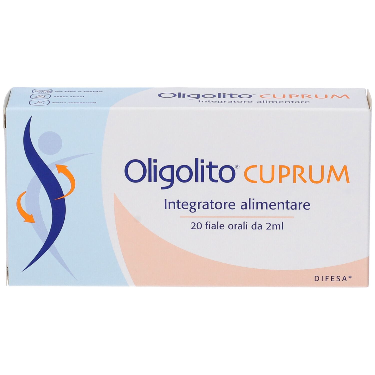 Confezione Oligolito Cuprum. Contiene 20 fiale orali da 2 ml. Scritta: Integratore alimentare. Marchio Difesa.
