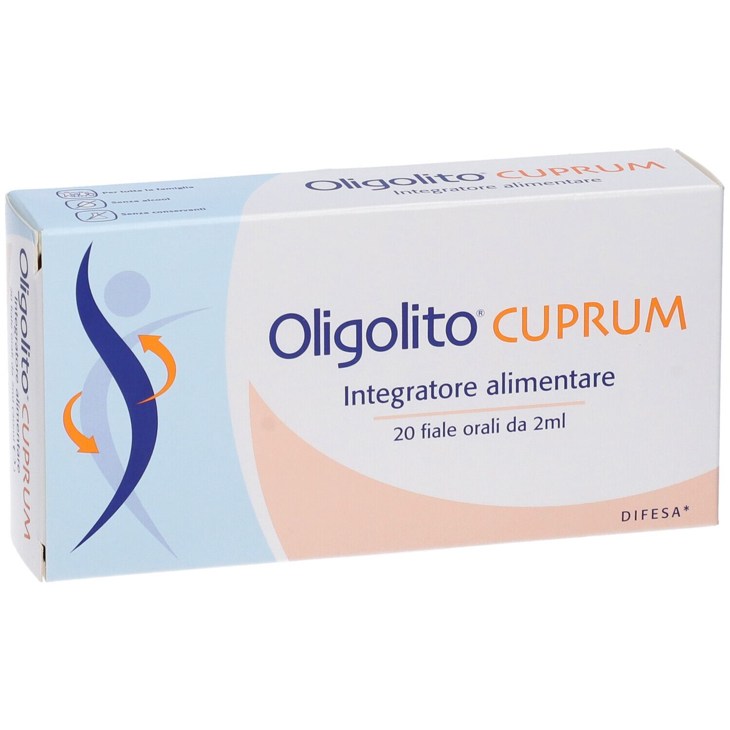 Confezione Oligolito Cuprum. Contiene 20 fiale orali da 2 ml. Scritta: Integratore alimentare. Marchio Difesa.