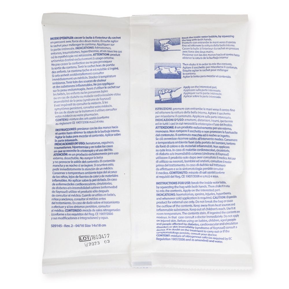 Retro di una compressa bianca. Testo multilingue, tra cui italiano e francese. Istruzioni per l'uso e informazioni.