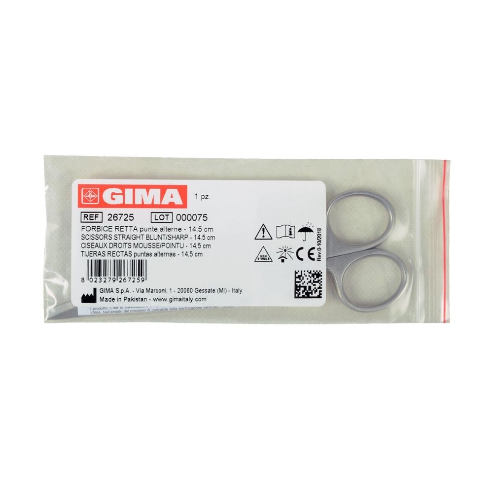 Forbice chirurgica in confezione trasparente. Informazioni sul prodotto sull'etichetta. Marchio CE.