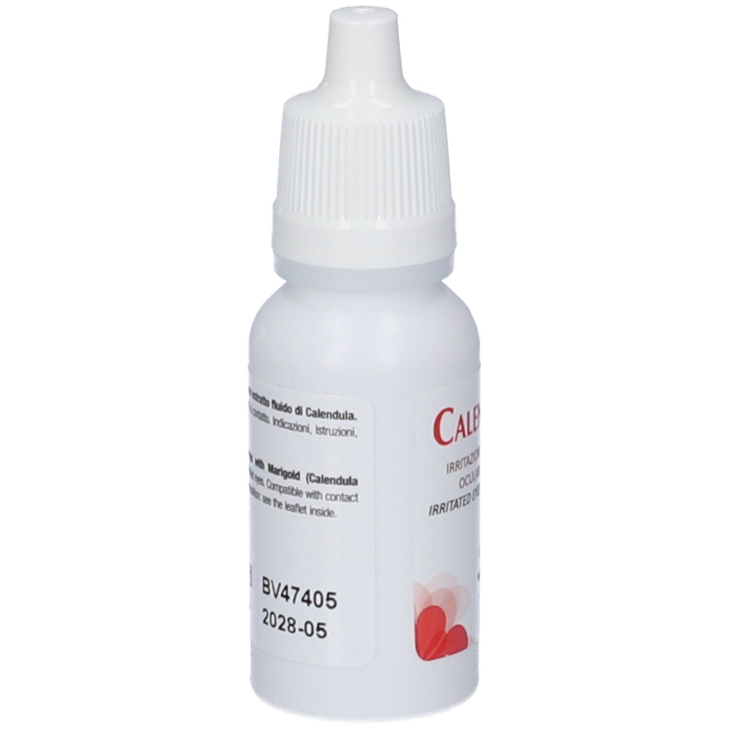 Flacone bianco di gocce oculari. Scritta: CalenduVis. Testo e loghi. Con Calendula. Numero di lotto e data di scadenza.