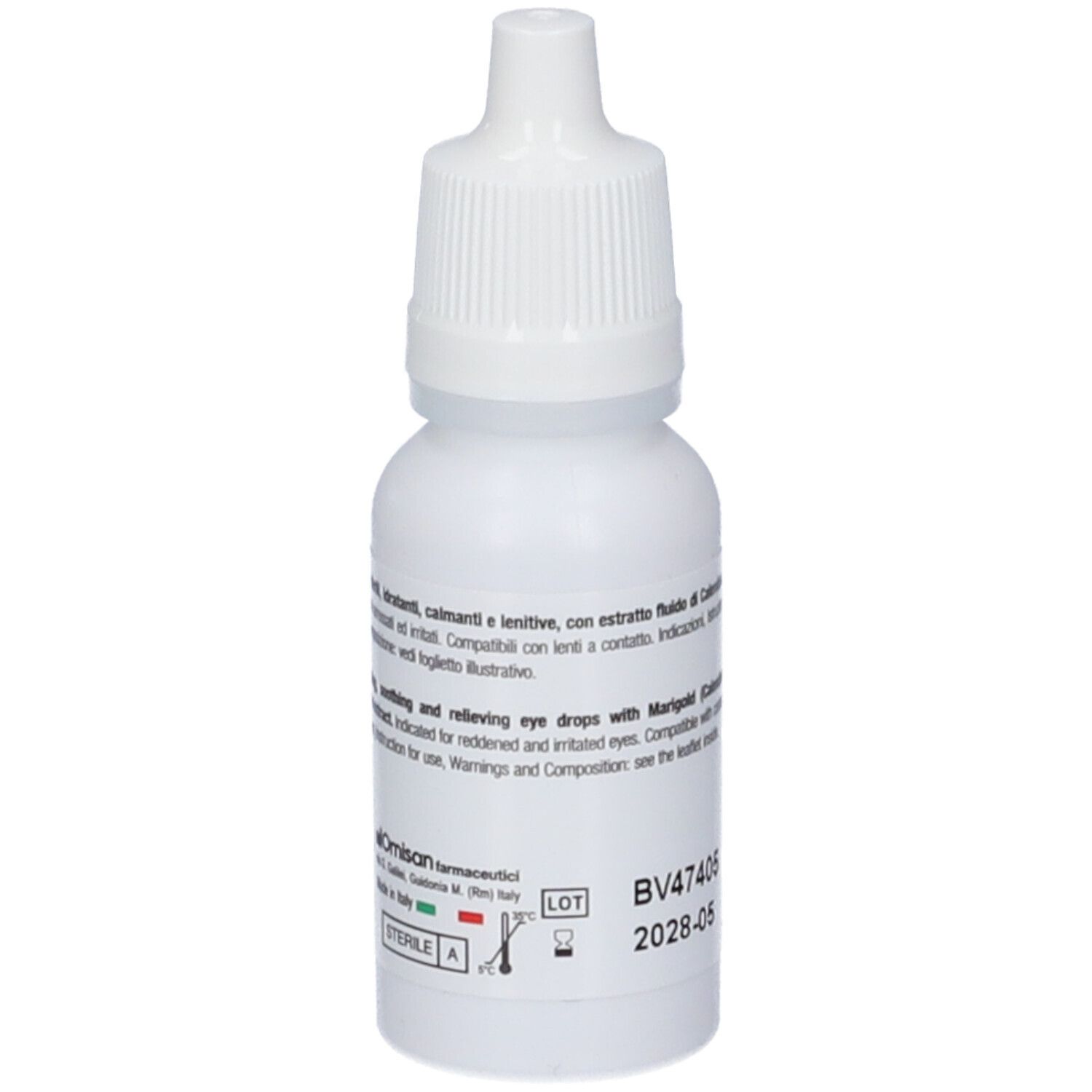 Flacone bianco di gocce oculari. Scritta: CalenduVis. Testo e loghi. Con Calendula. Numero di lotto e data di scadenza.