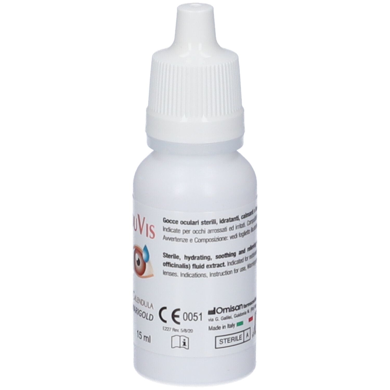 Flacone bianco di gocce oculari. Scritta: CalenduVis. Testo e loghi. Con Calendula. 15 ml. Marchio CE.