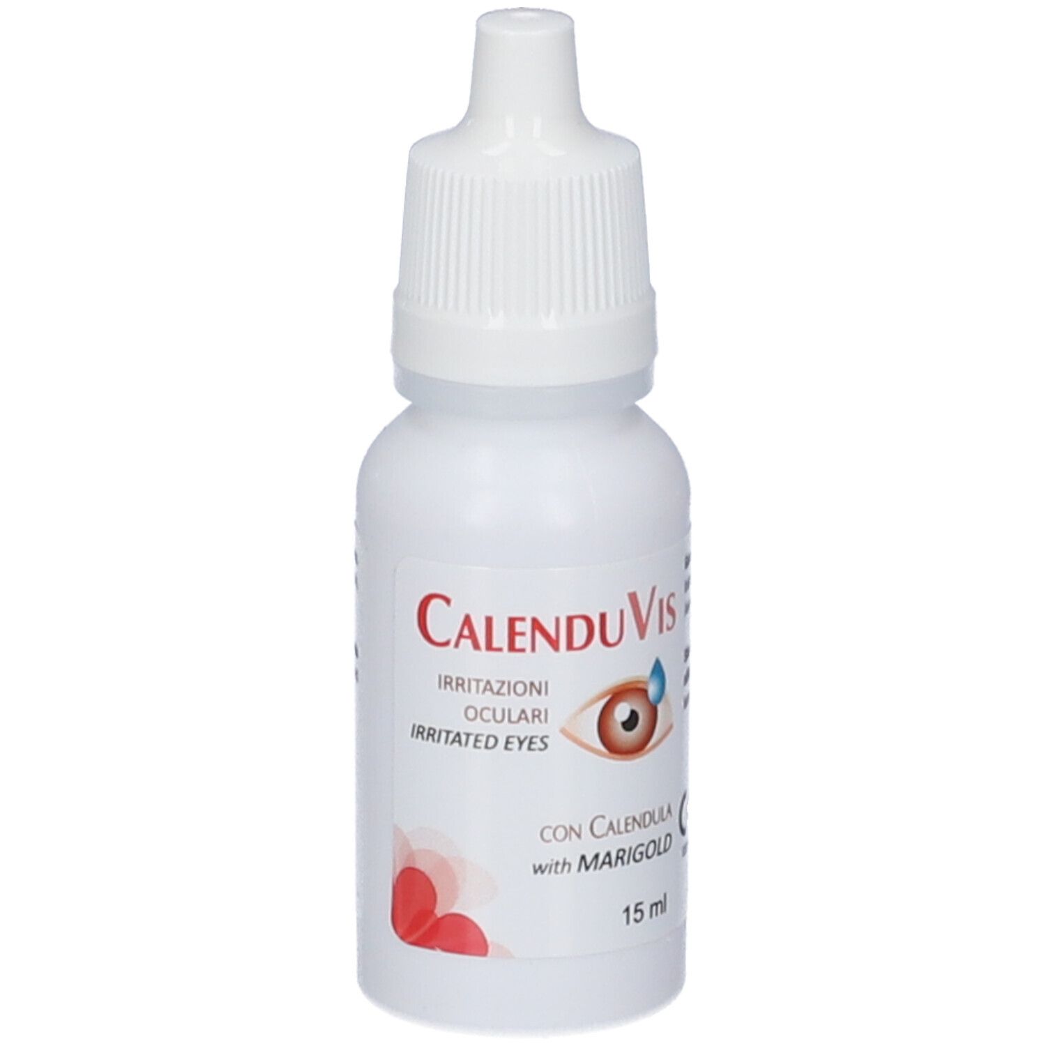 Flacone bianco di gocce oculari. Scritta: CalenduVis, Irritazioni Oculari, Irritated Eyes. Con Calendula e Marigold. 15 ml.