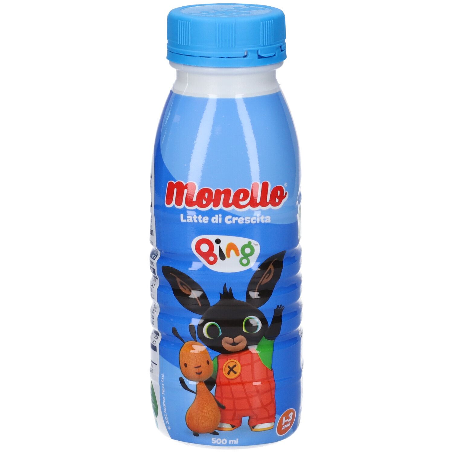 Bottiglia di Monello Latte di Crescita. Bottiglia blu con tappo blu. Personaggio Bing e informazioni prodotto.