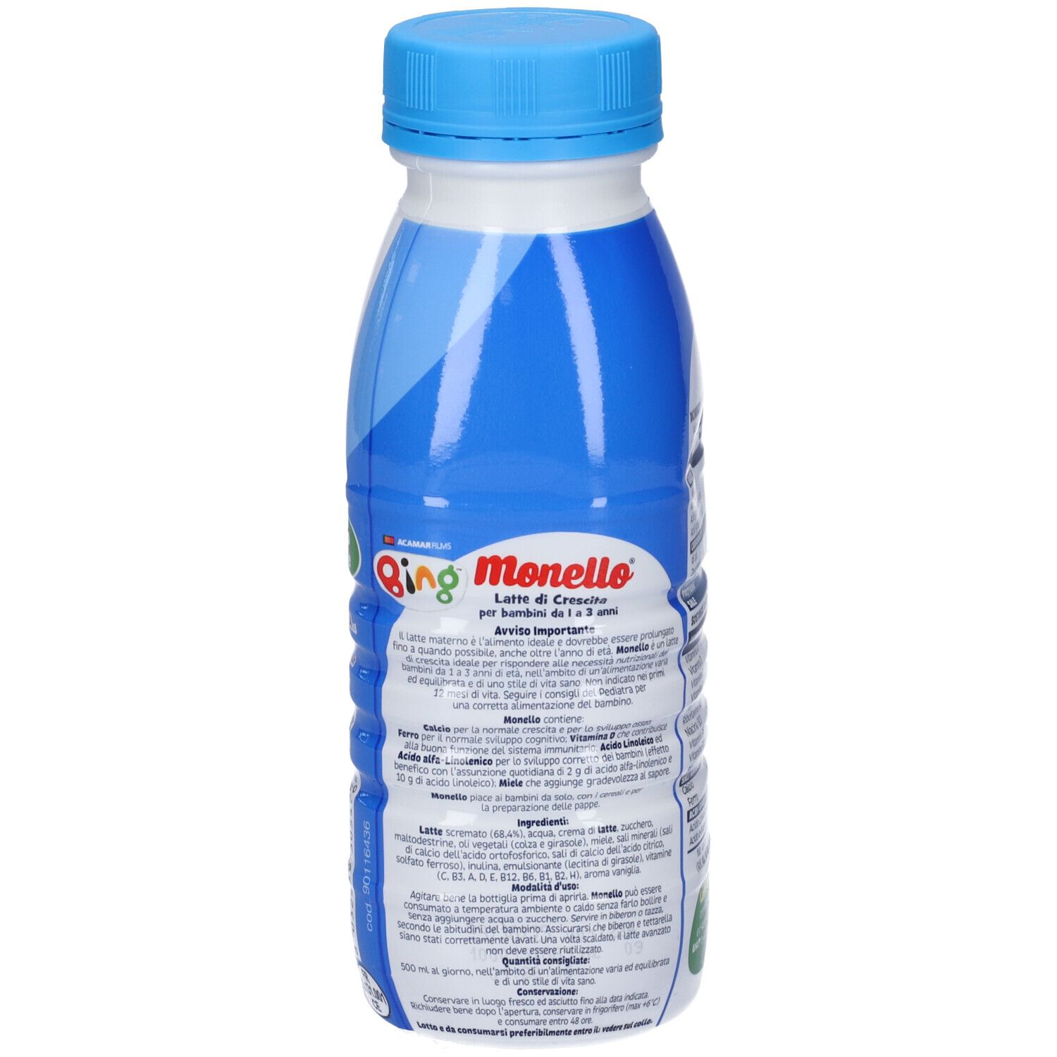 Retro della bottiglia Monello Latte di Crescita. Informazioni prodotto e personaggio Bing. Tappo blu.