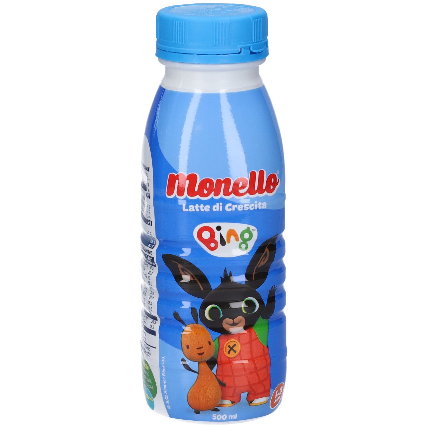 Bottiglia Monello Latte di Crescita. Fronte con personaggio Bing e informazioni prodotto. Tappo blu.