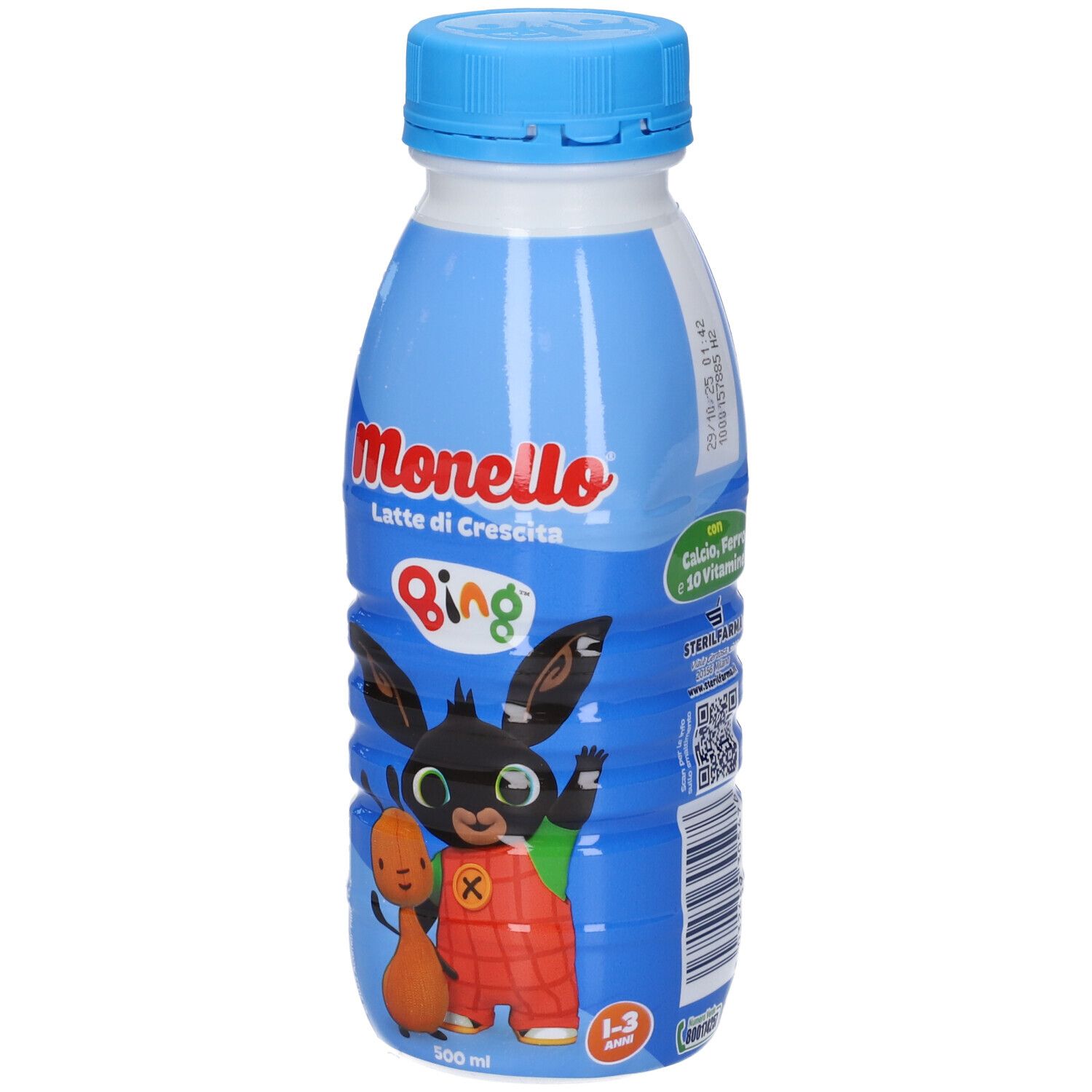 Bottiglia Monello Latte di Crescita. Fronte con personaggio Bing e informazioni prodotto. Tappo blu.