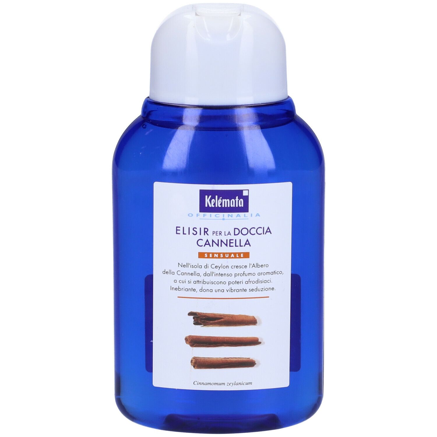 Flacone blu con tappo bianco. Etichetta con nome del prodotto e illustrazione di bastoncini di cannella. Kelémata Officinalia Cannella Elisir Per La Doccia.