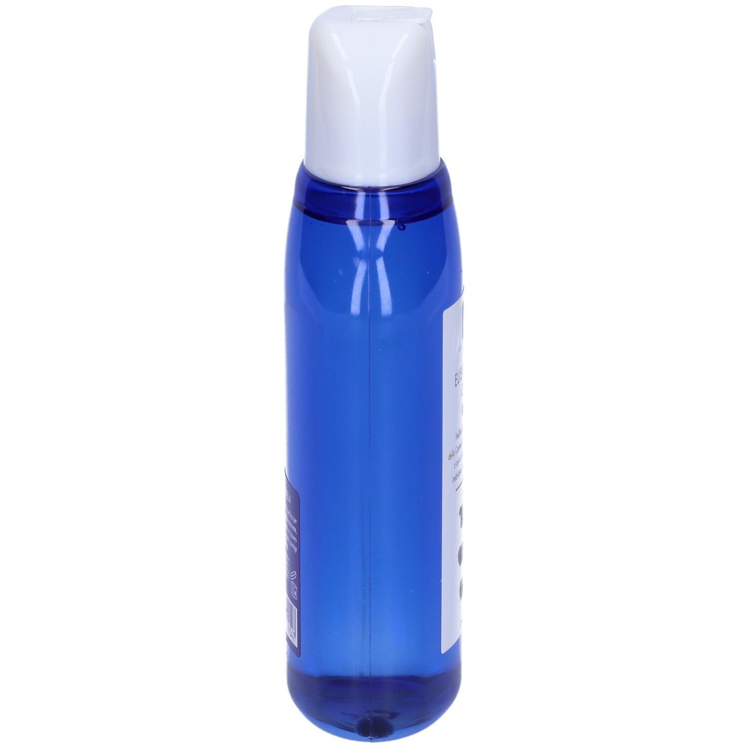 Flacone blu, tappo bianco. Vista laterale. Kelémata Officinalia Cannella Elisir Per La Doccia.
