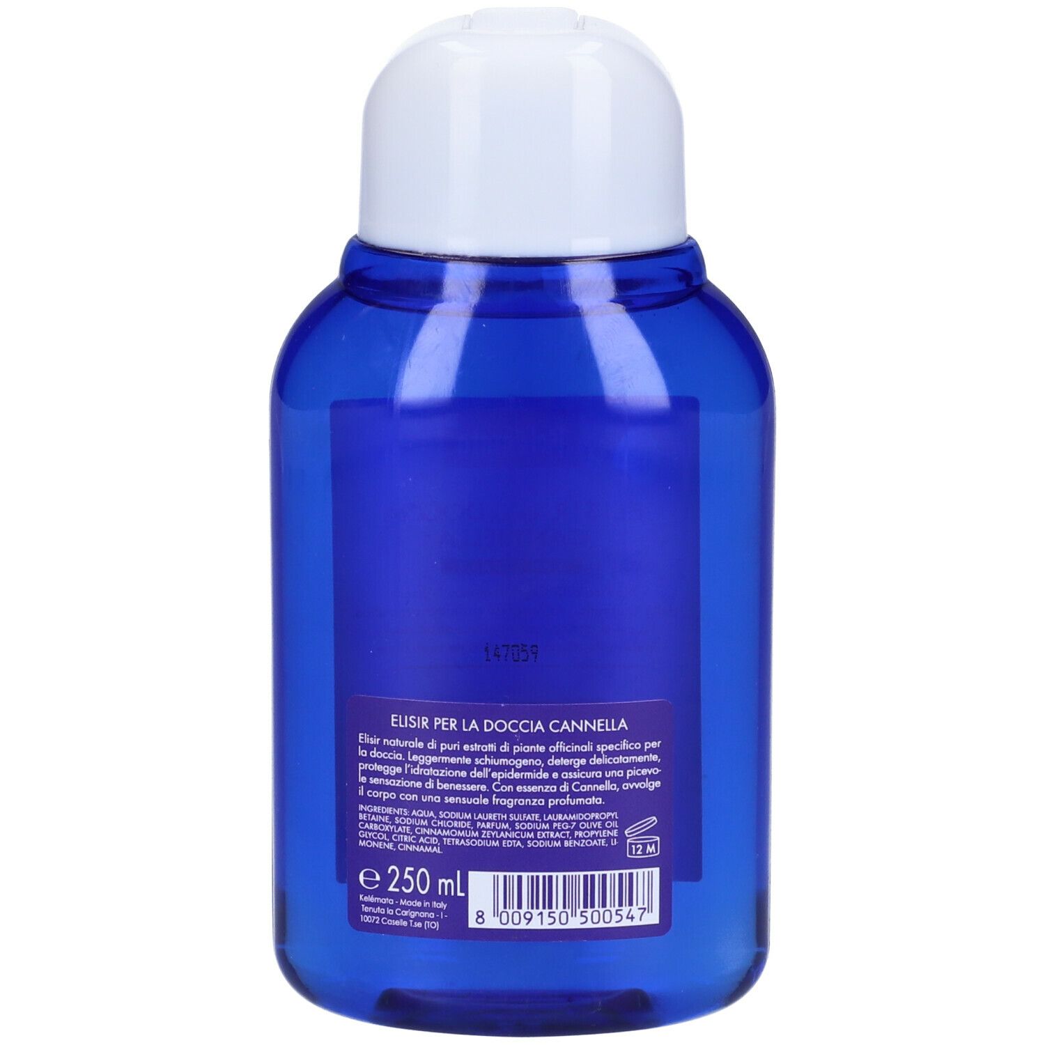 Flacone blu con tappo bianco. Retro con informazioni sul prodotto. Kelémata Officinalia Cannella Elisir Per La Doccia.