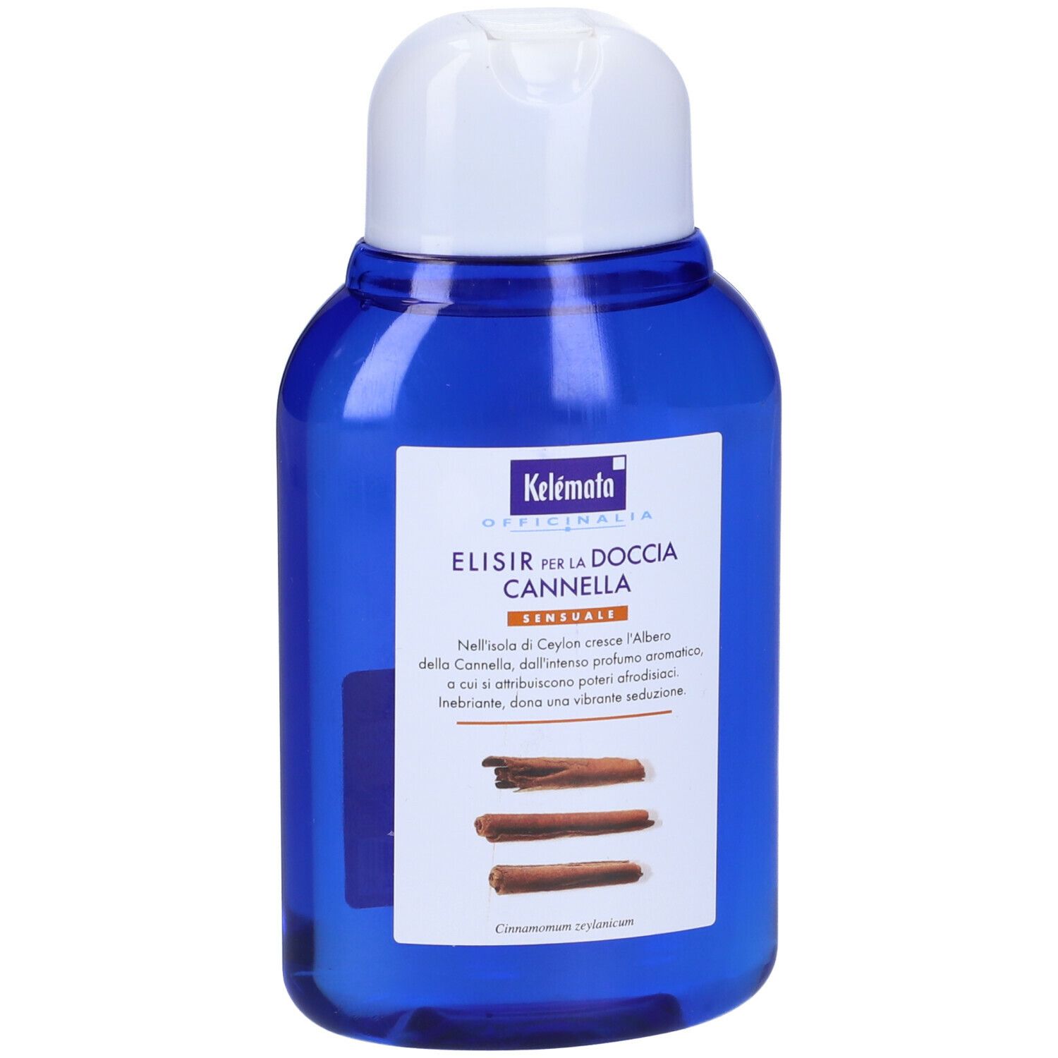 Flacone blu con tappo bianco. Etichetta con nome del prodotto e illustrazione di bastoncini di cannella. Kelémata Officinalia Cannella Elisir Per La Doccia.
