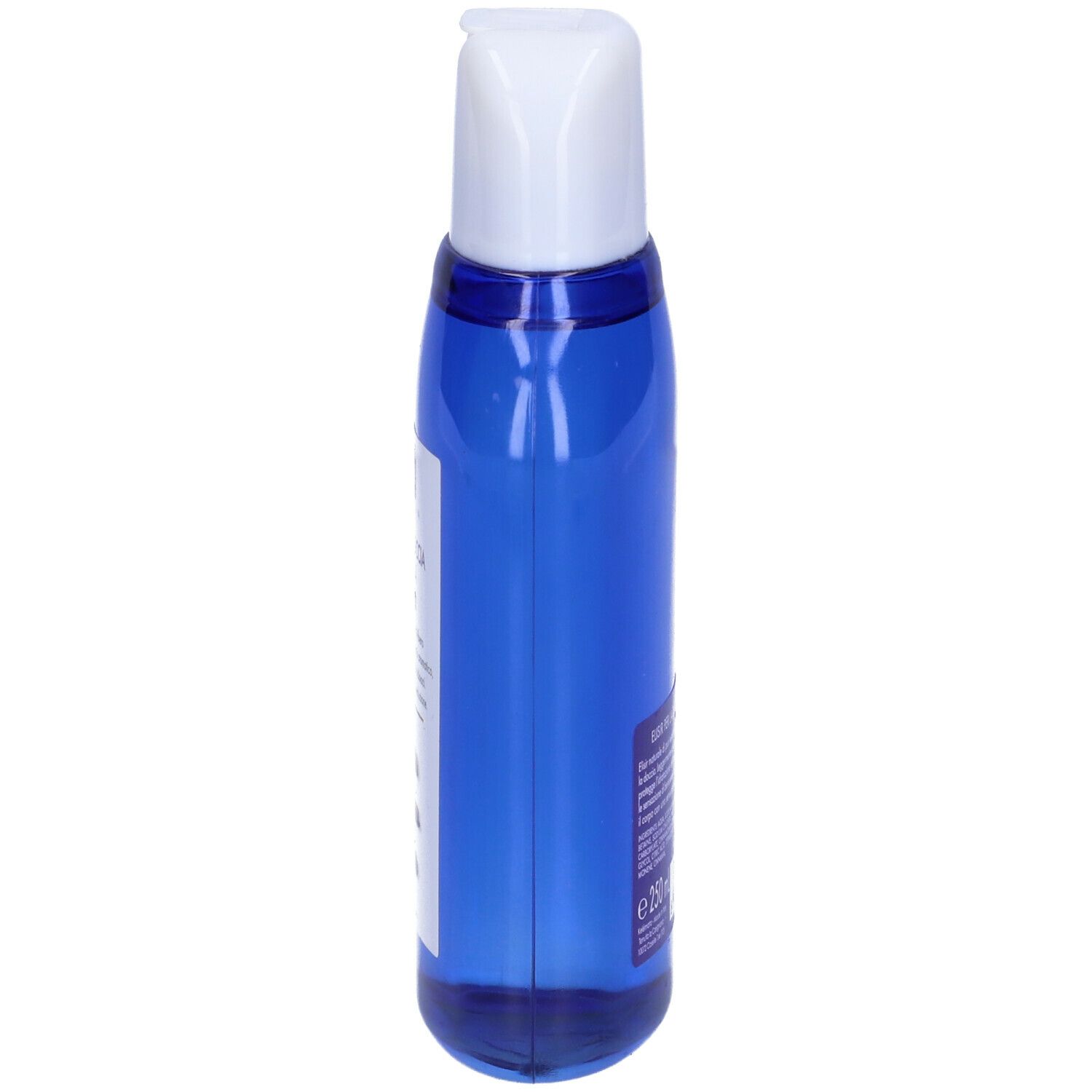 Flacone blu, tappo bianco. Vista laterale. Kelémata Officinalia Cannella Elisir Per La Doccia.