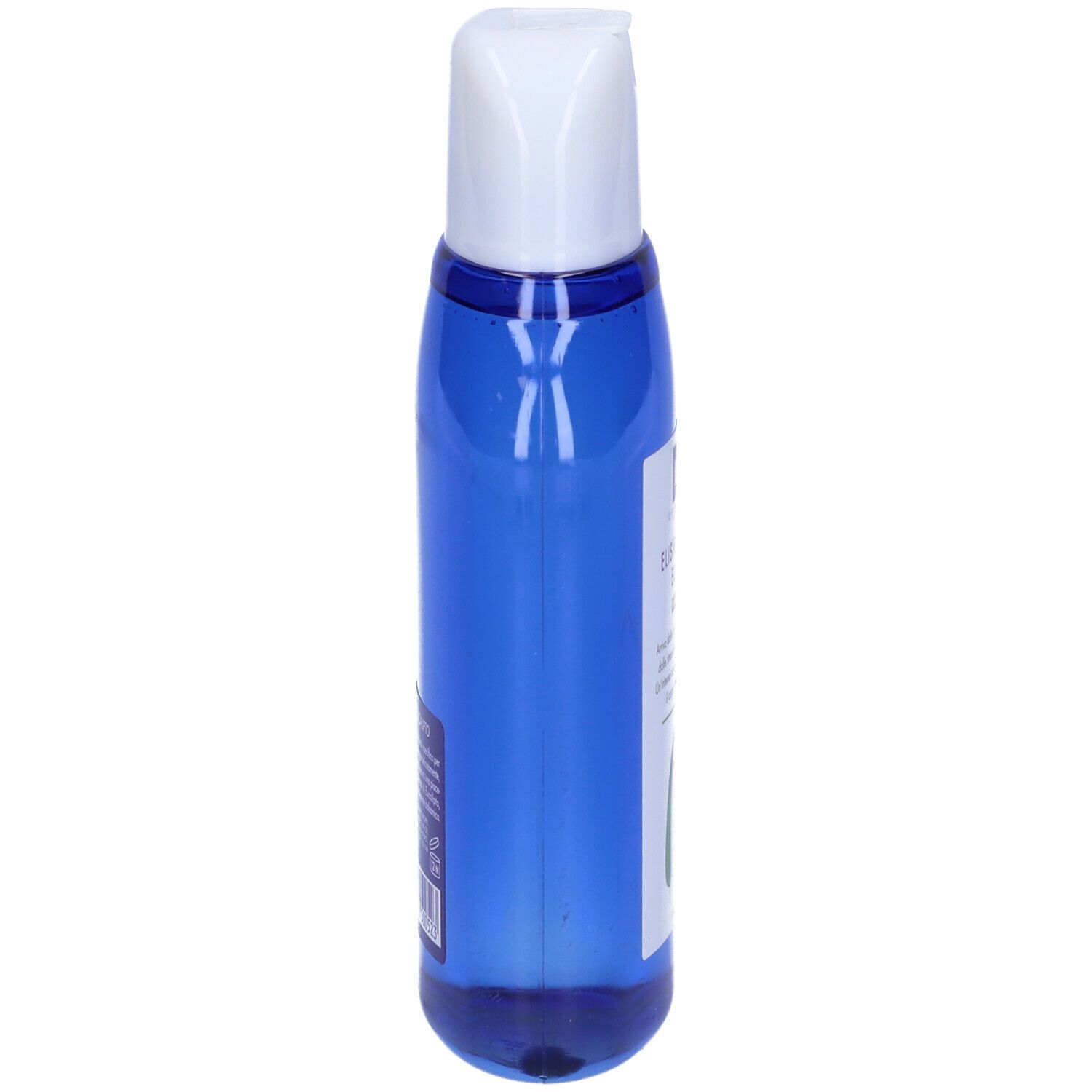Flacone blu con tappo bianco, vista laterale. Etichetta con informazioni sul prodotto. Marchio: Kelémata Officinalia.