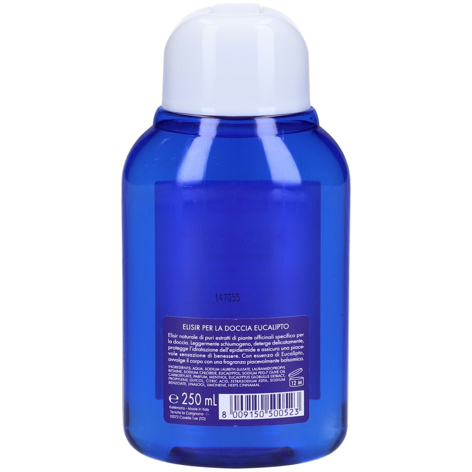 Retro di un flacone blu con tappo bianco. Etichetta con informazioni sul prodotto e ingredienti. Marchio: Kelémata Officinalia.
