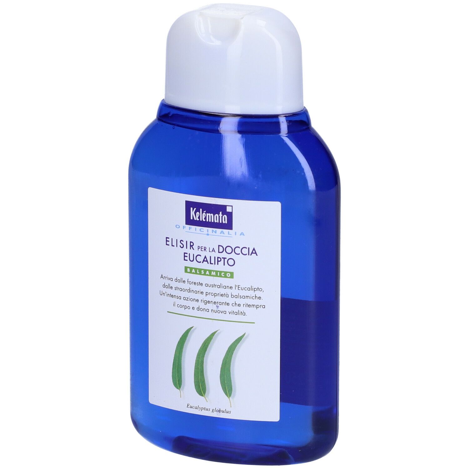 Flacone blu con tappo bianco. Etichetta con nome del prodotto e illustrazione di eucalipto. Marchio: Kelémata Officinalia.