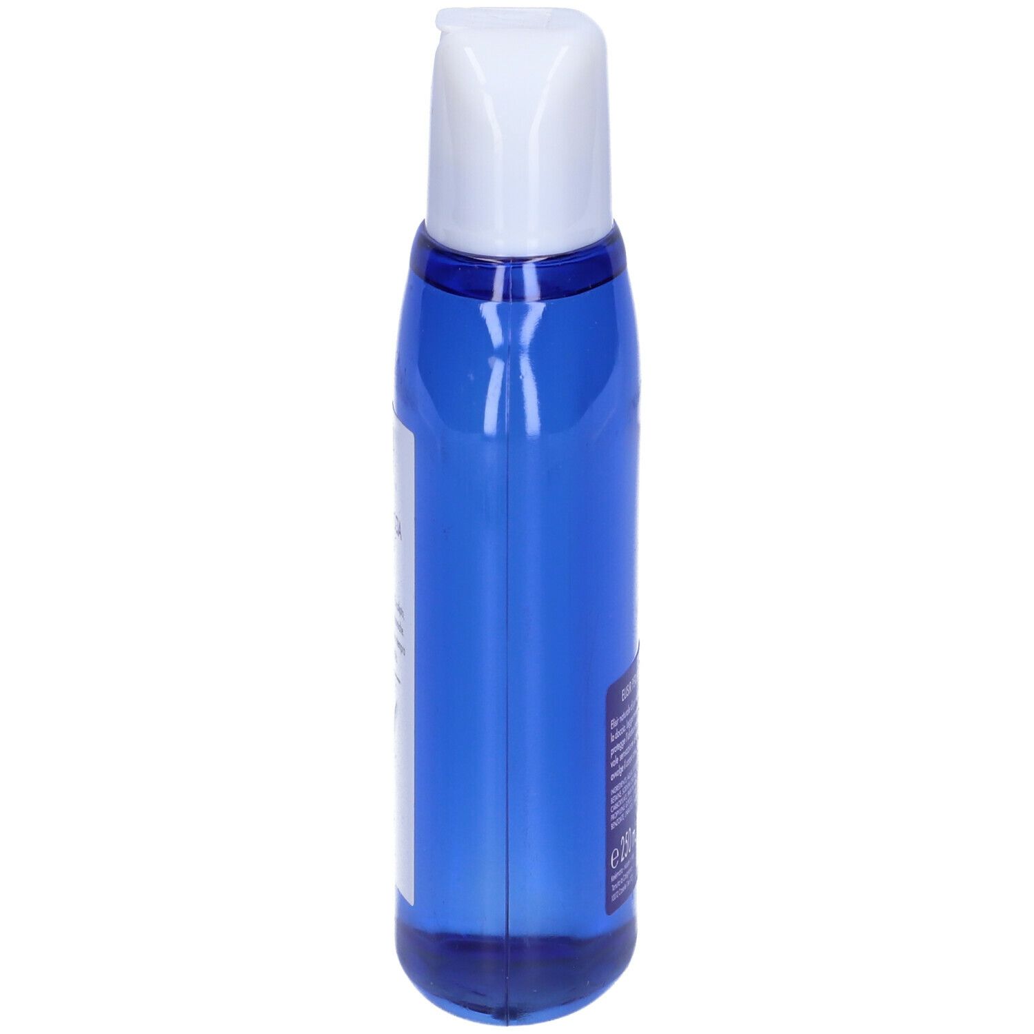 Flacone blu con tappo bianco, vista laterale. Etichetta con informazioni sul prodotto. Marchio: Kelémata Officinalia.