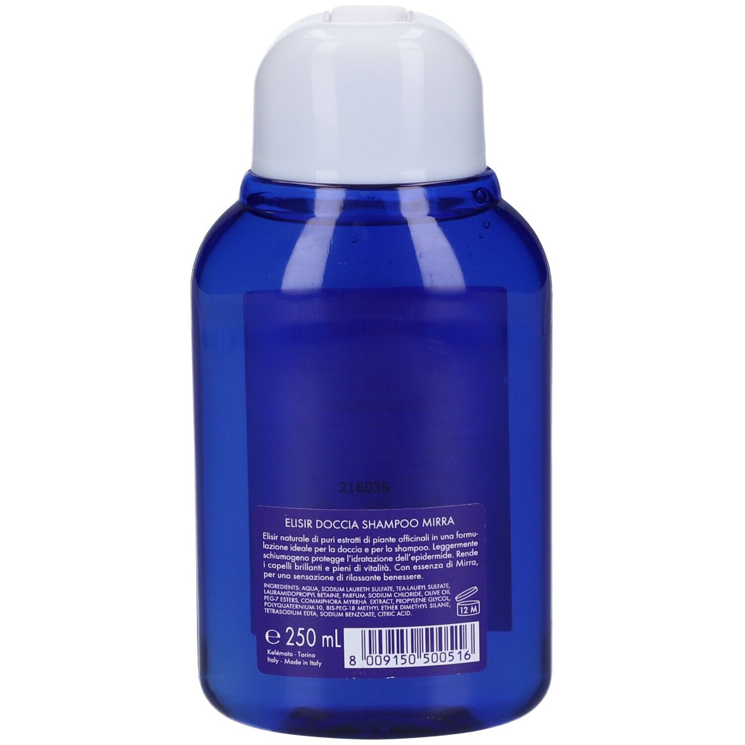Flacone blu con tappo bianco. Retro con testo e informazioni. Prodotto per la cura del corpo.