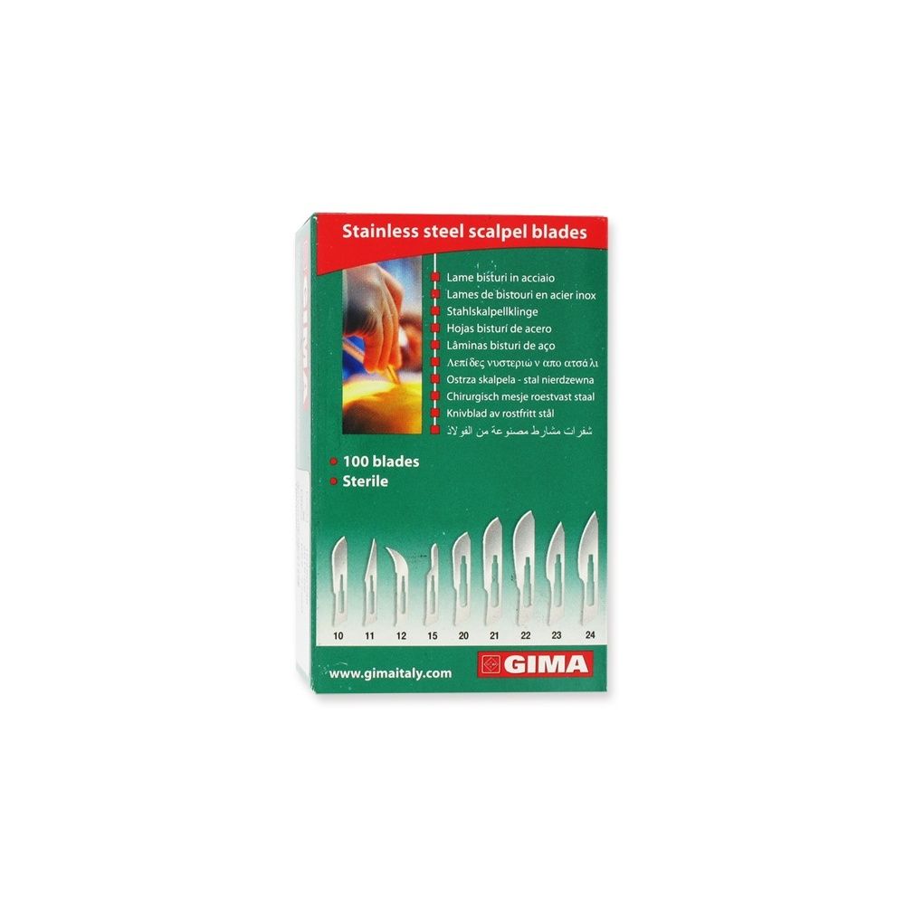 Confezione da 100 lame chirurgiche sterili. Testo: 'Stainless steel scalpel blades'.