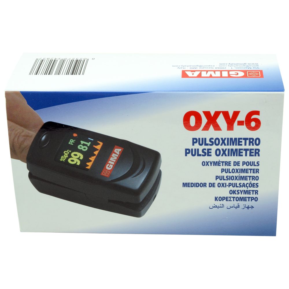 Confezione OXY-6 pulsossimetro. Dispositivo su dito. Visualizzazione: 99, 81. Marchio GIMA.