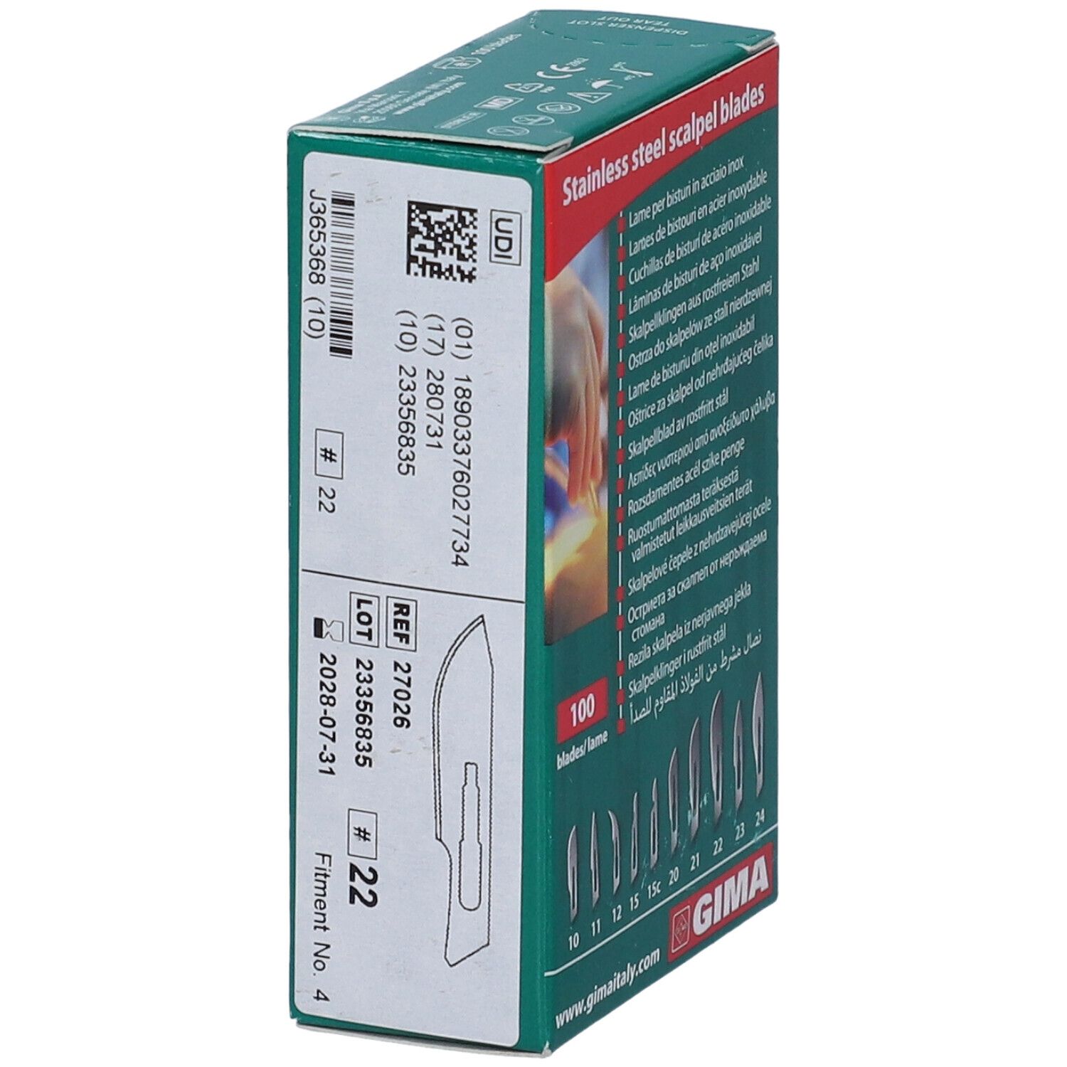 Scatola verde con lame per bisturi in acciaio inox. Scritto: #22. Logo GIMA. Codice a barre e numero di lotto.