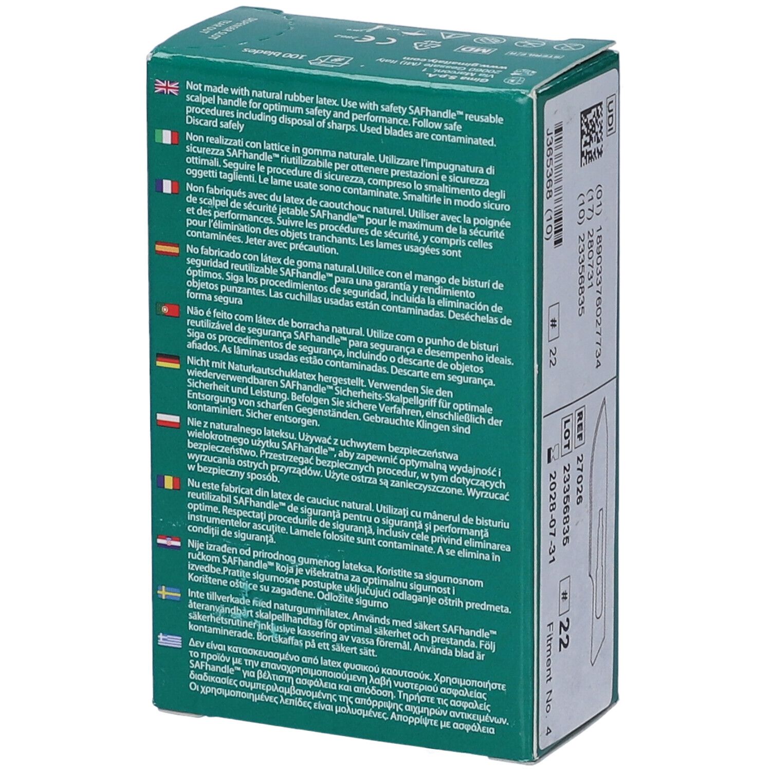 Scatola verde con testo multilingue. Scritto: SAFHandle. Contiene informazioni sull'uso.