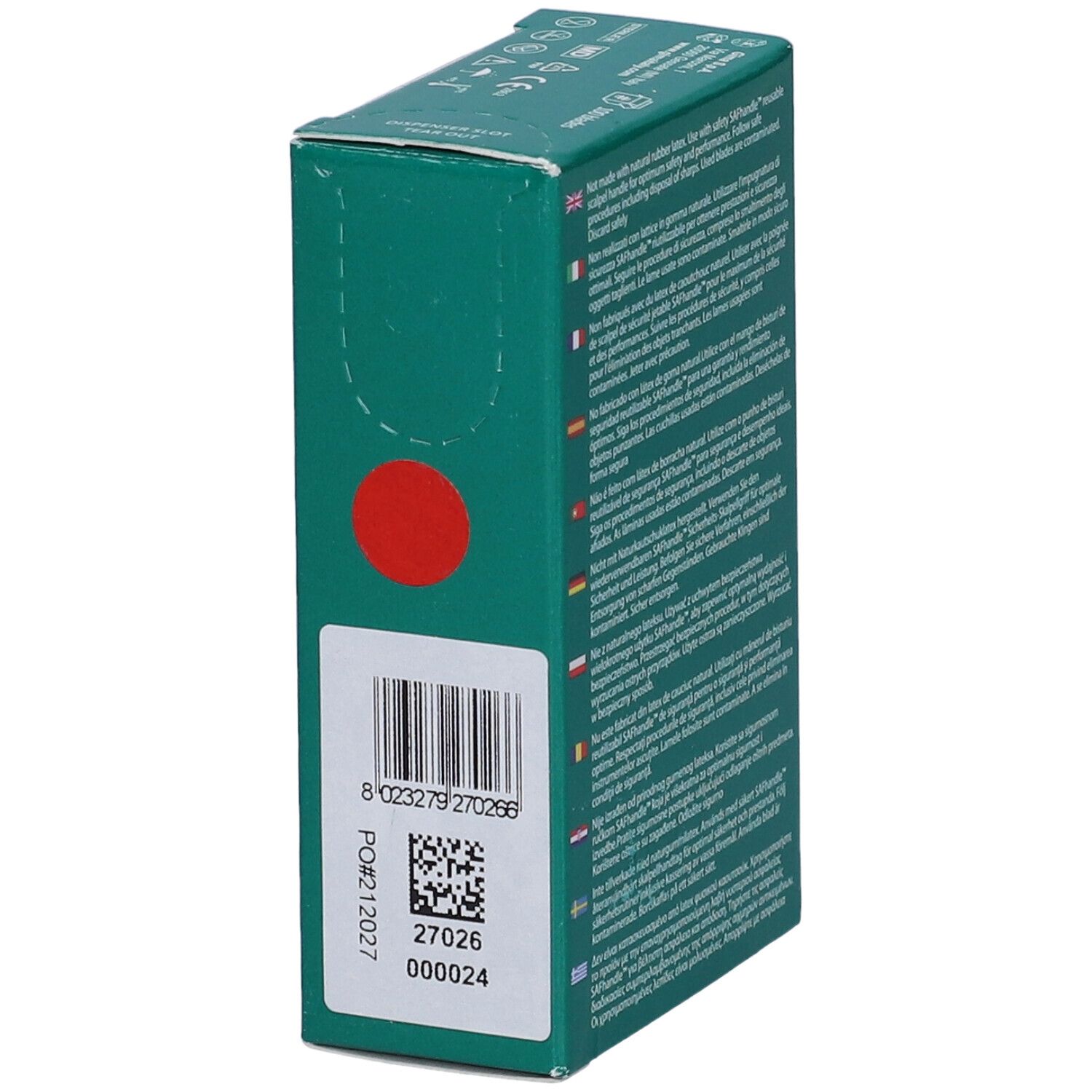 Scatola verde con codice a barre e punto rosso. Testo multilingue. Informazioni del produttore.