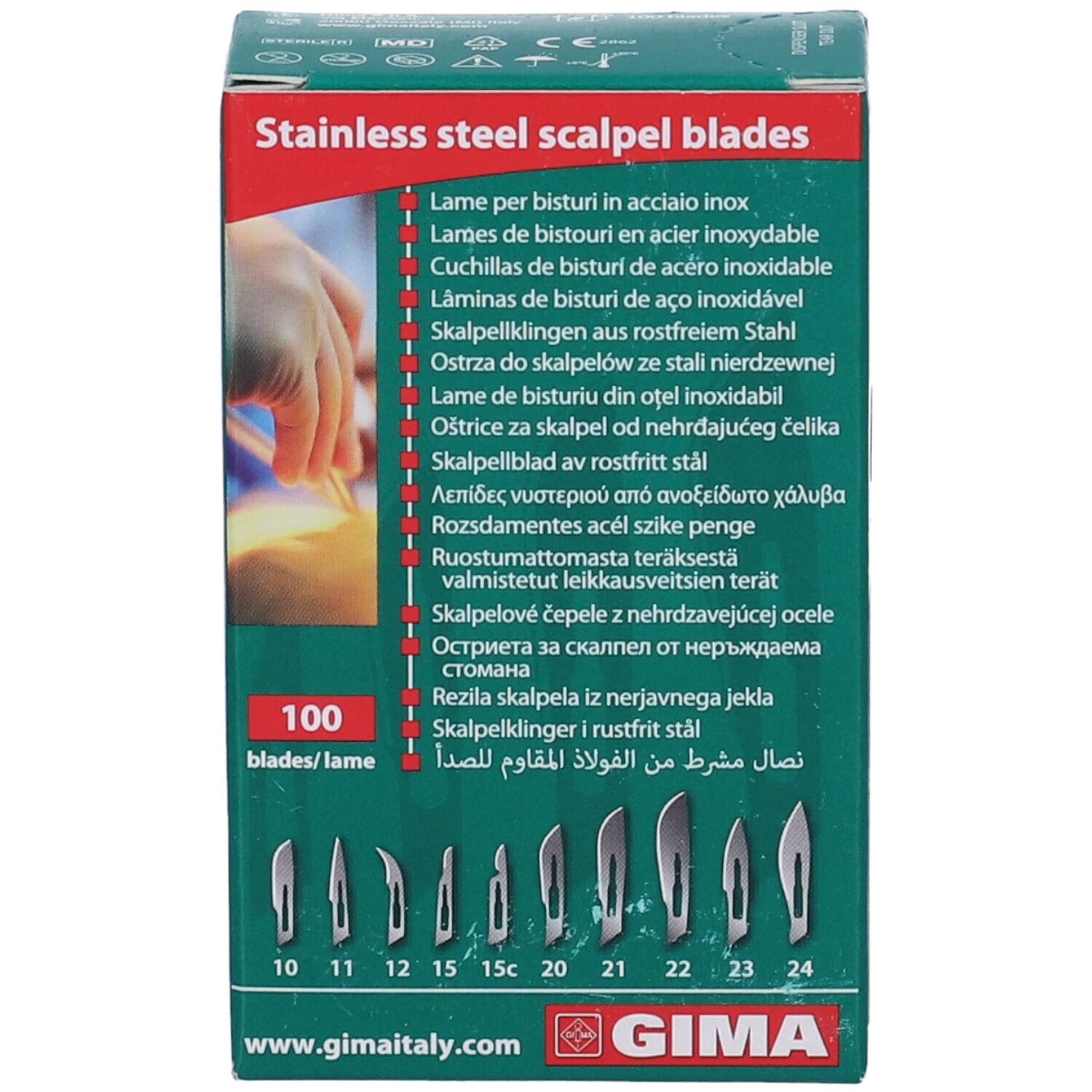 Scatola verde con lame per bisturi in acciaio inox. Scritto: 100 lame. Logo GIMA. Illustrati diversi tipi di lame.