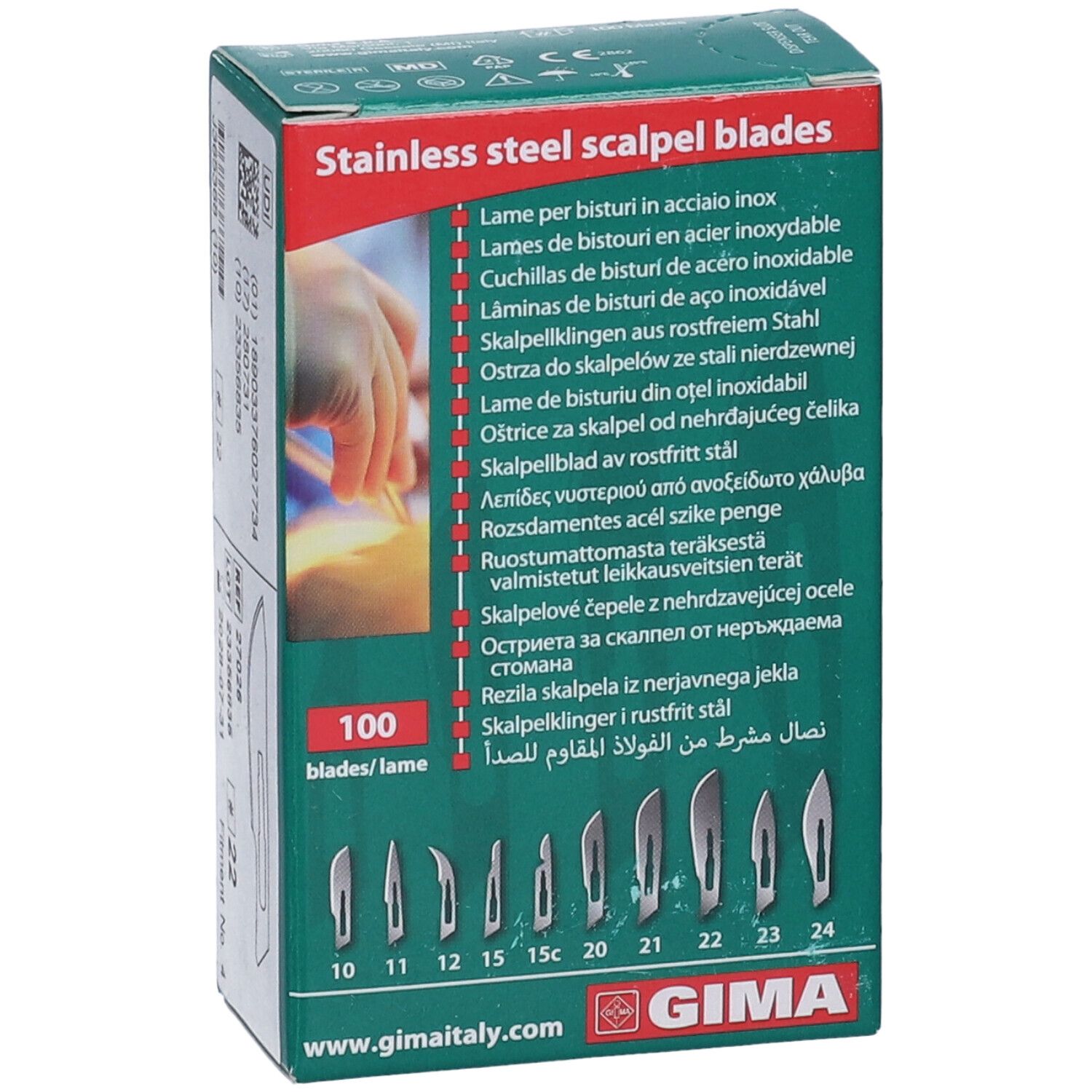 Scatola verde con lame per bisturi in acciaio inox. Scritto: 100 lame. Logo GIMA. Illustrati diversi tipi di lame.