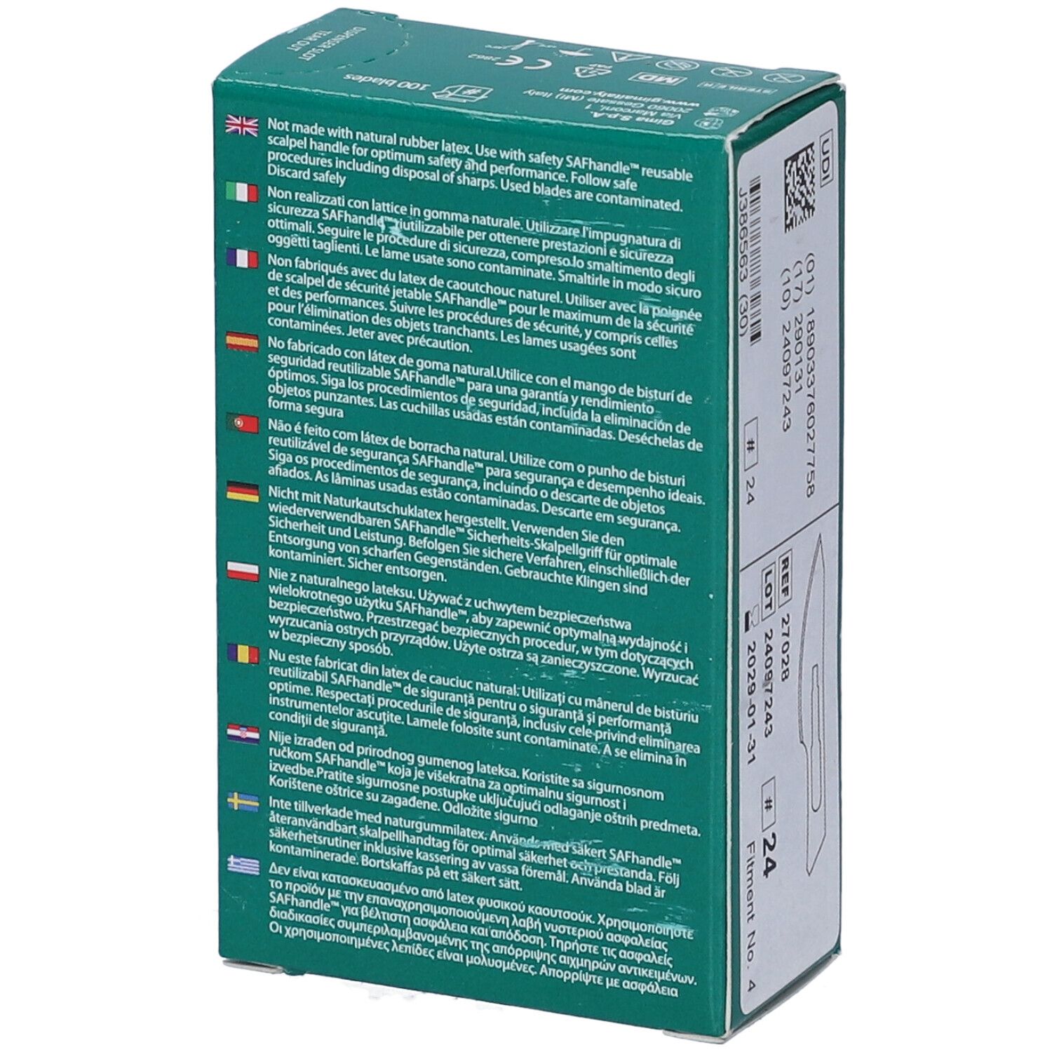 Retro della confezione di lame per bisturi. Testo multilingue. Informazioni di sicurezza. Logo GIMA. Numero di lotto e data di scadenza.