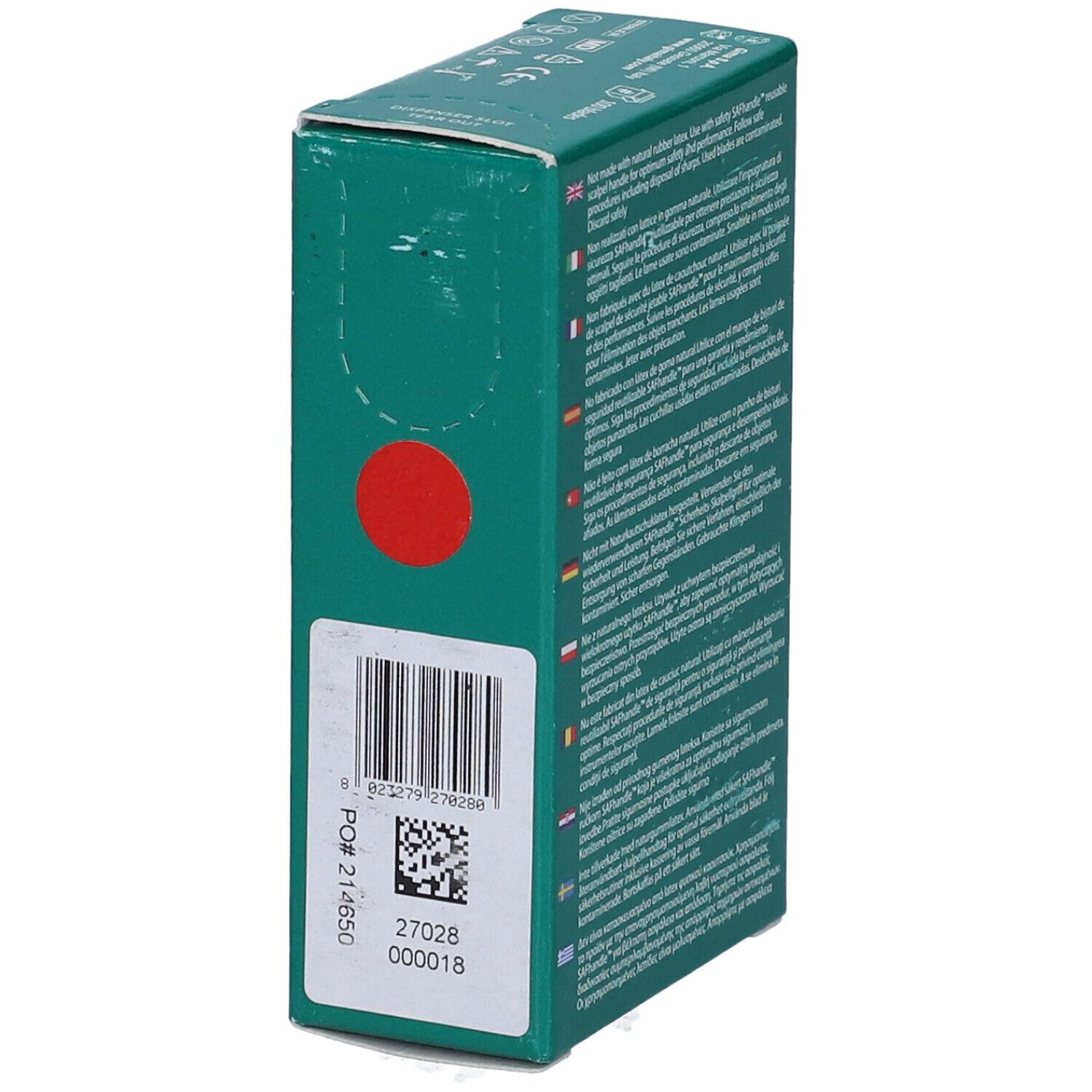 Vista laterale della confezione di lame per bisturi. Codice a barre, numero di lotto, cerchio rosso. Testo multilingue.