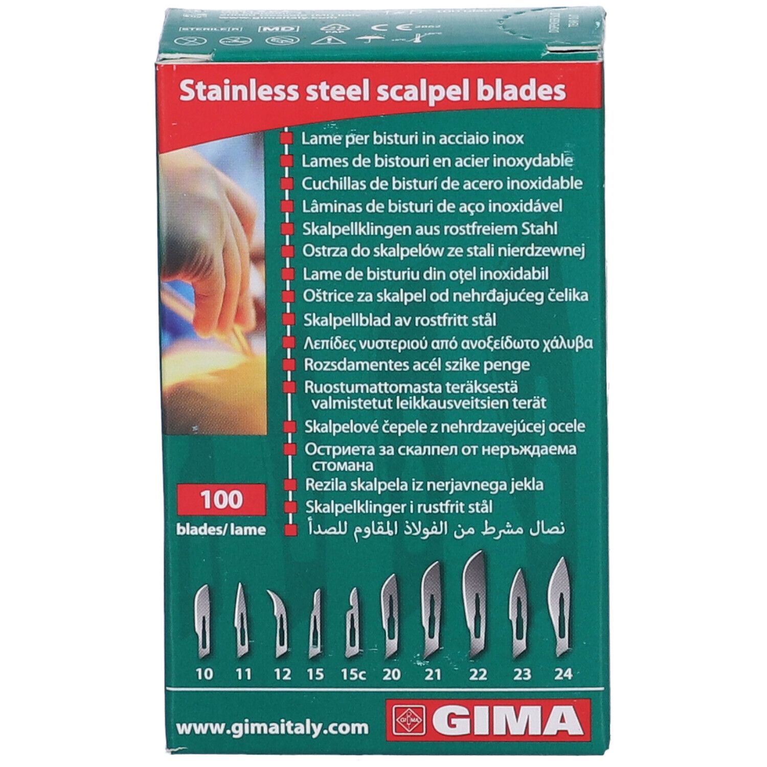 Confezione di lame per bisturi in acciaio inox. 100 lame. Logo GIMA. Forme delle lame illustrate. Testo multilingue.