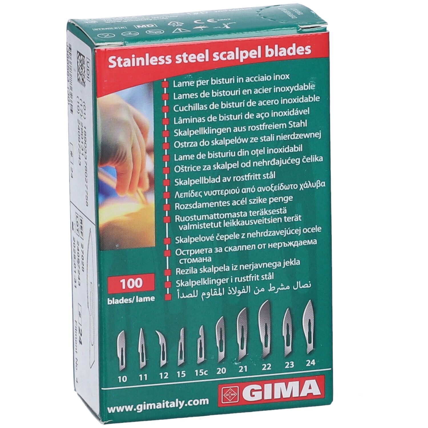 Confezione di lame per bisturi in acciaio inox. 100 lame. Logo GIMA. Forme delle lame illustrate. Testo multilingue.