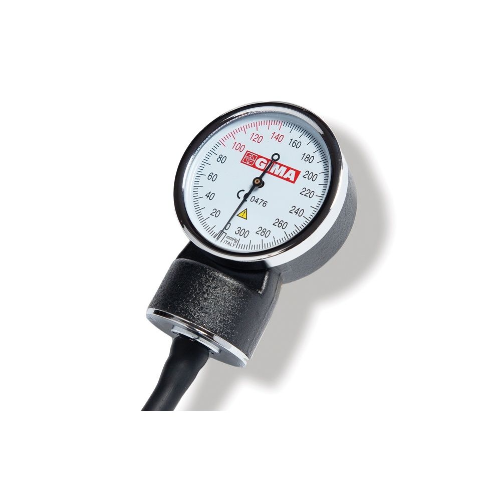 Primo piano del quadrante. Quadrante bianco con scala, logo GIMA. Attacco nero.