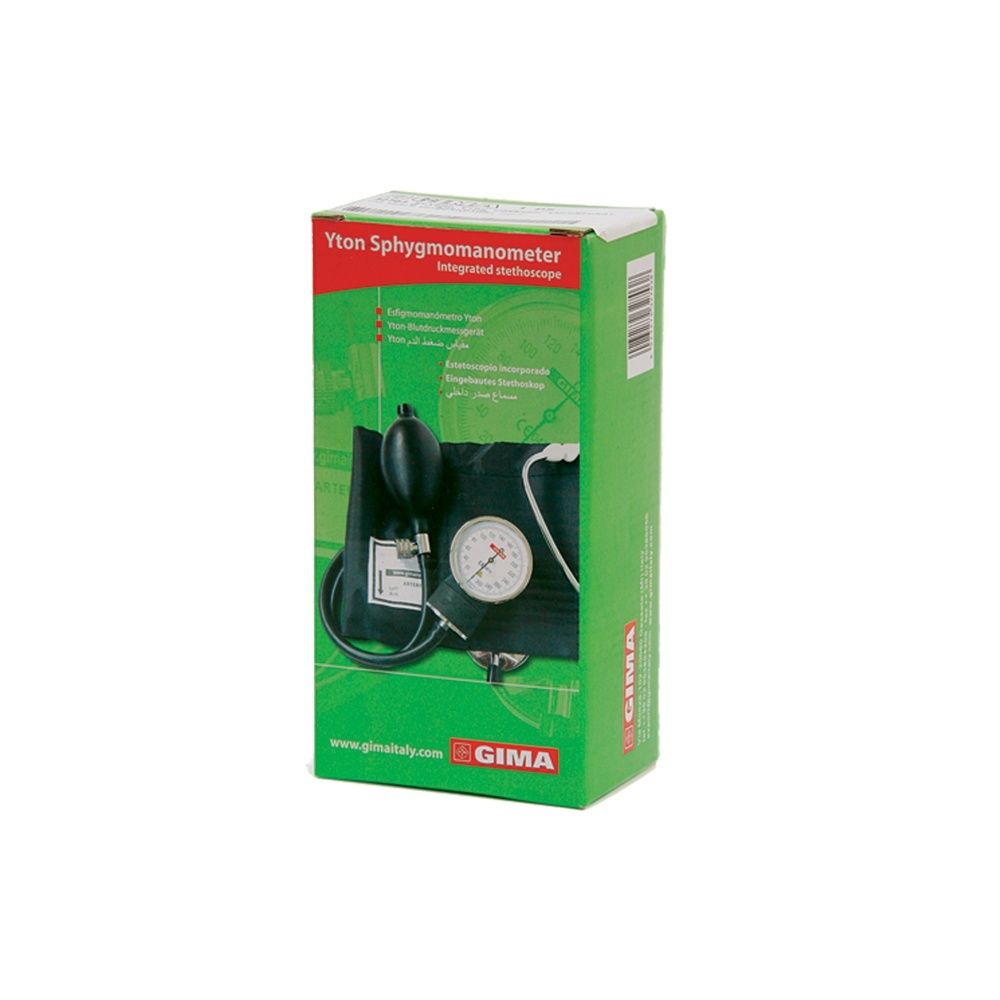 Scatola verde con prodotto. Yton Sfigmomanometro, stetoscopio integrato. Logo GIMA. Immagine del prodotto.