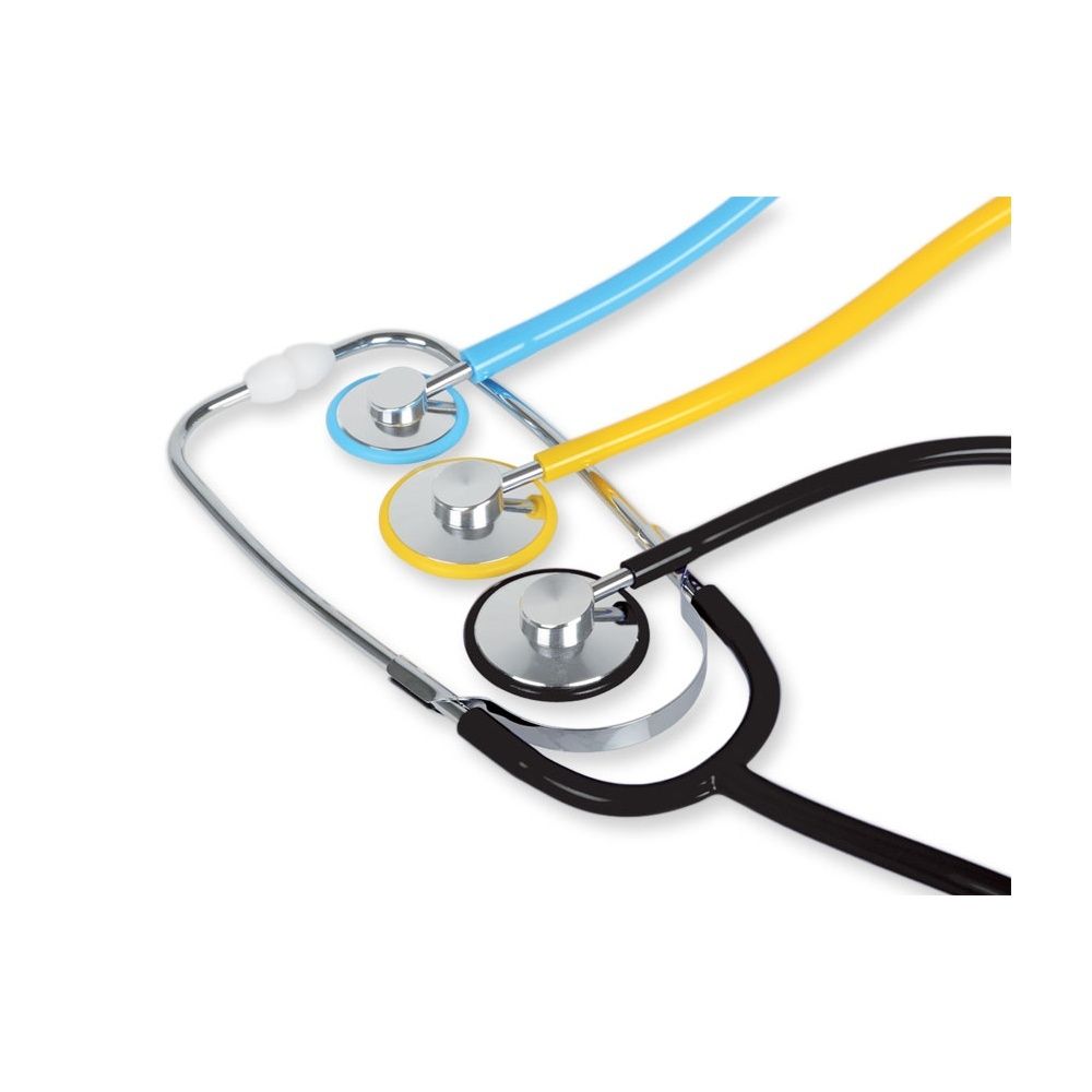Tre stetoscopi con tubi colorati: blu, giallo e nero. Testine metalliche e olive bianche.