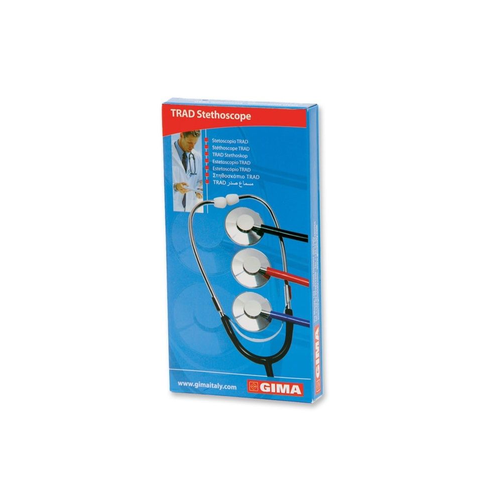 Confezione per stetoscopi. Scatola blu con immagine del prodotto e testo. Marchio TRAD.