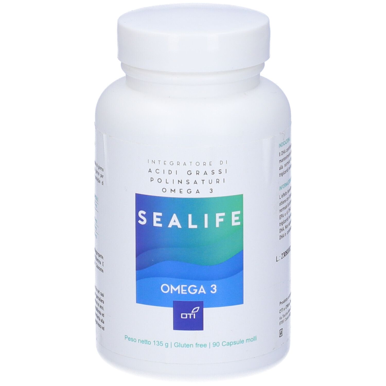 Bottiglia bianca con etichetta blu. L'etichetta riporta "SEALIFE" e "OMEGA 3".