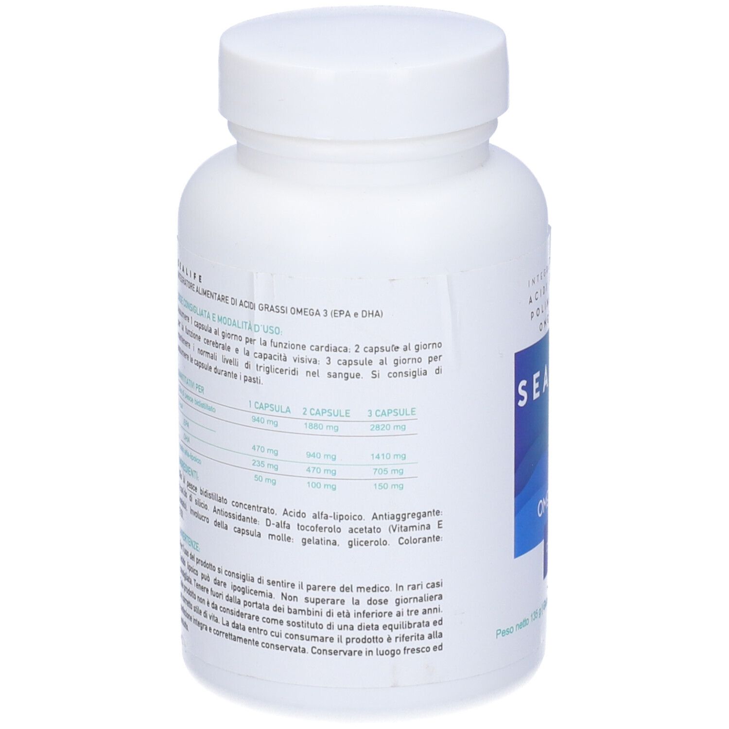 Retro della bottiglia bianca. Testo in italiano. Scritte "SEALIFE" e "OMEGA 3".