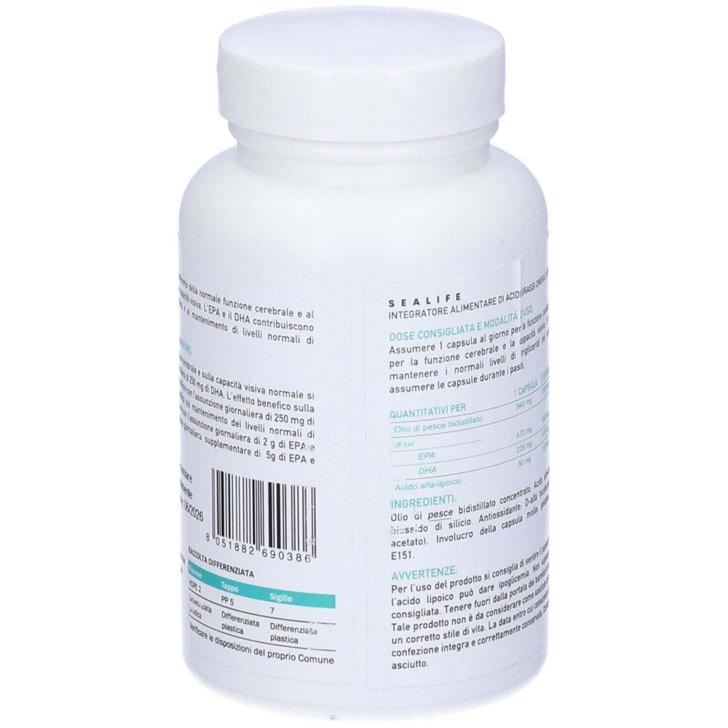 Retro della bottiglia bianca. Testo in italiano. Scritte "SEALIFE" e "OMEGA 3".