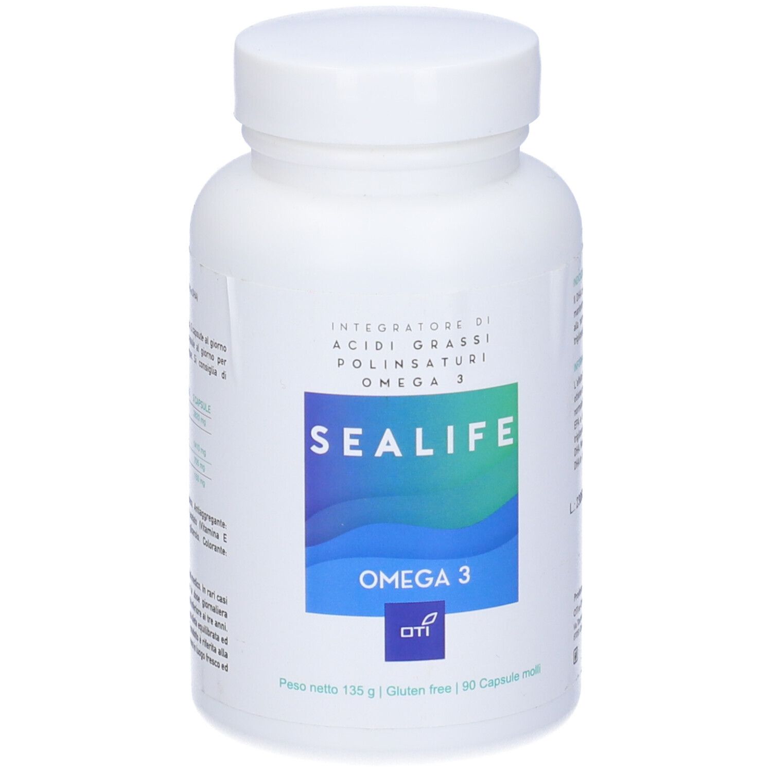 Bottiglia bianca con etichetta blu. L'etichetta riporta "SEALIFE" e "OMEGA 3".